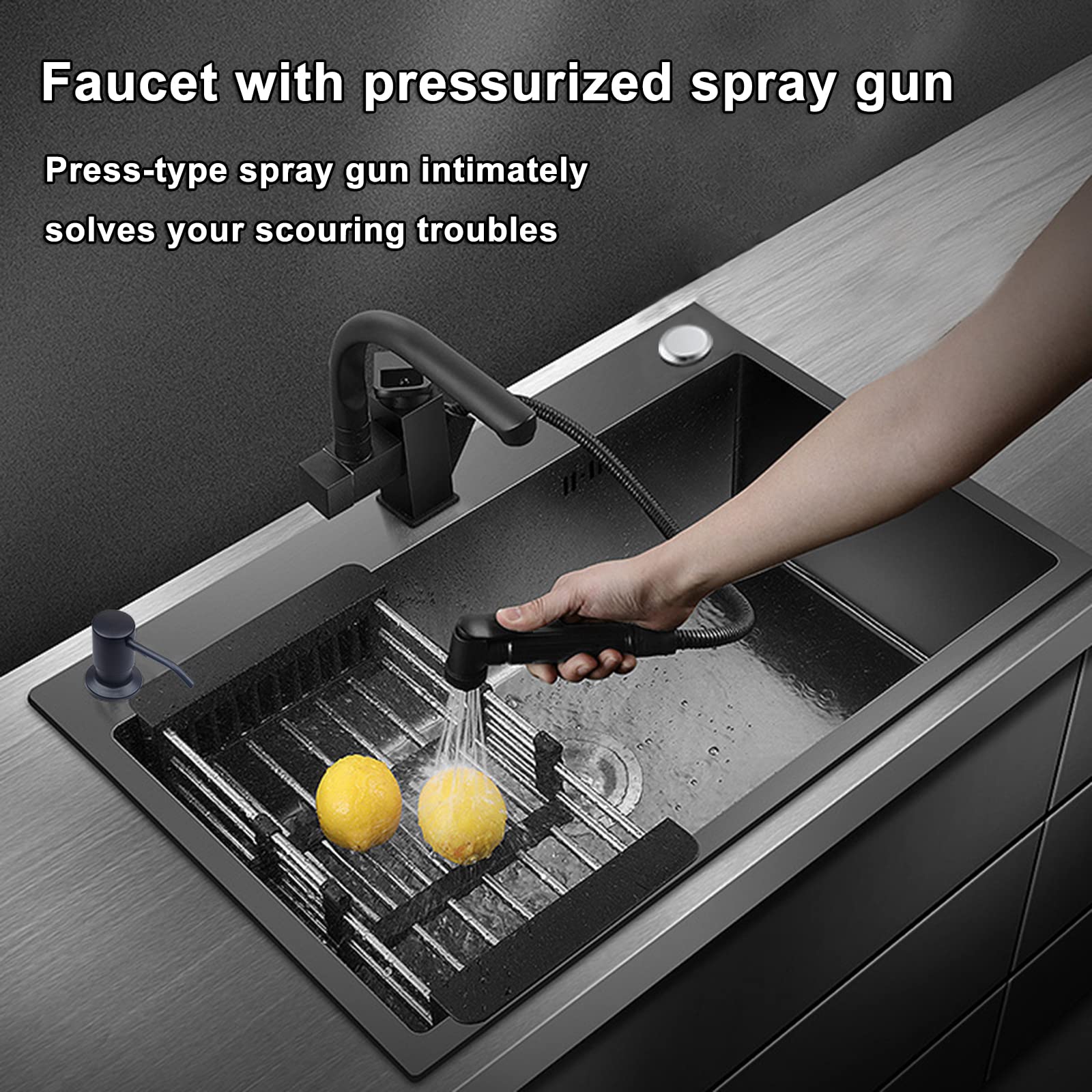 Undermount Single Bowl Kitchen Sink with Faucet - 304 Stainless Steel Large Capacity Sink, Black Nano Coating, Thick & Durable for Home Use - Perfect for Cooking, Washing Dishes & Food Prep