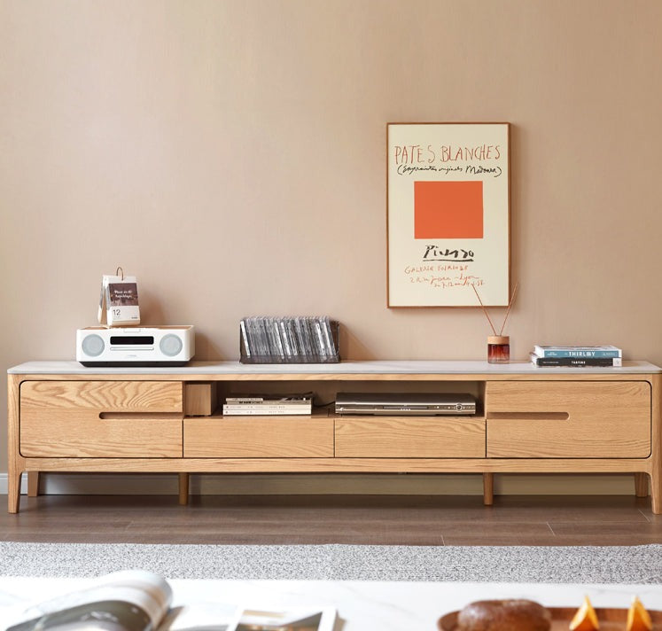 Solid Oak Wood TV Stand with Slate Top - Modern Entertainment Center for Living Room, Bedroom & Home Theater
