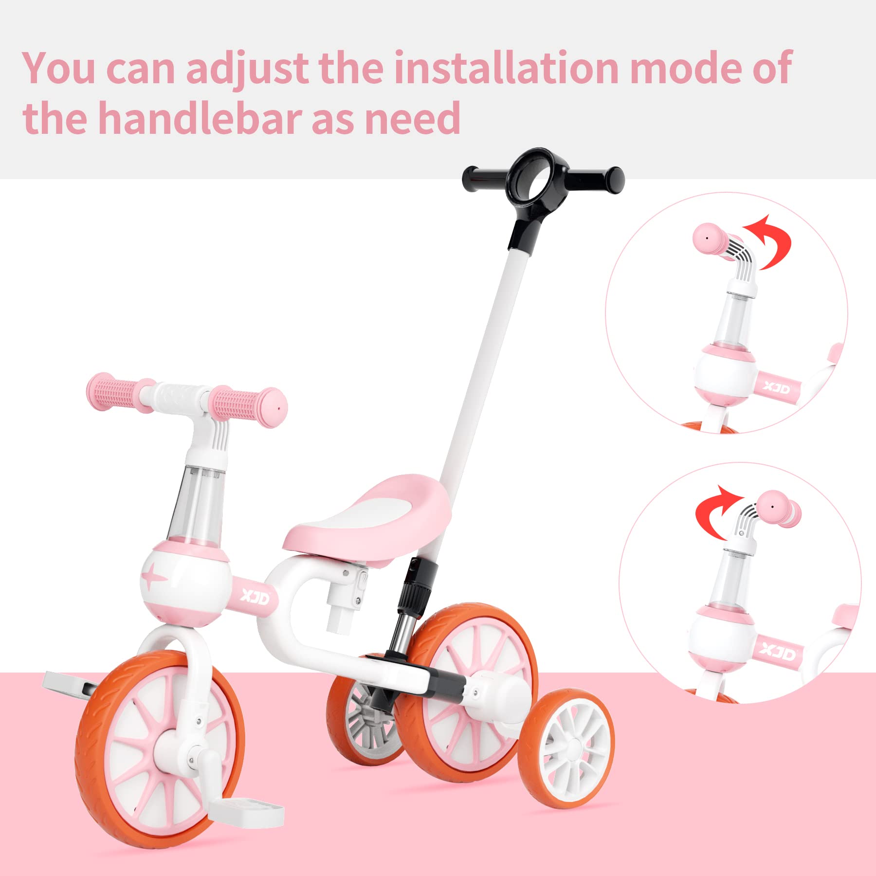 XJD 3-in-1 Baby Balance Bike for Toddlers 2-4 Years Old - Convertible Tricycle to Bicycle with Adjustable Seat & Detachable Pedals - First Bike for Boys & Girls - Perfect for Indoor Play & Outdoor Learning (Pink Handle)