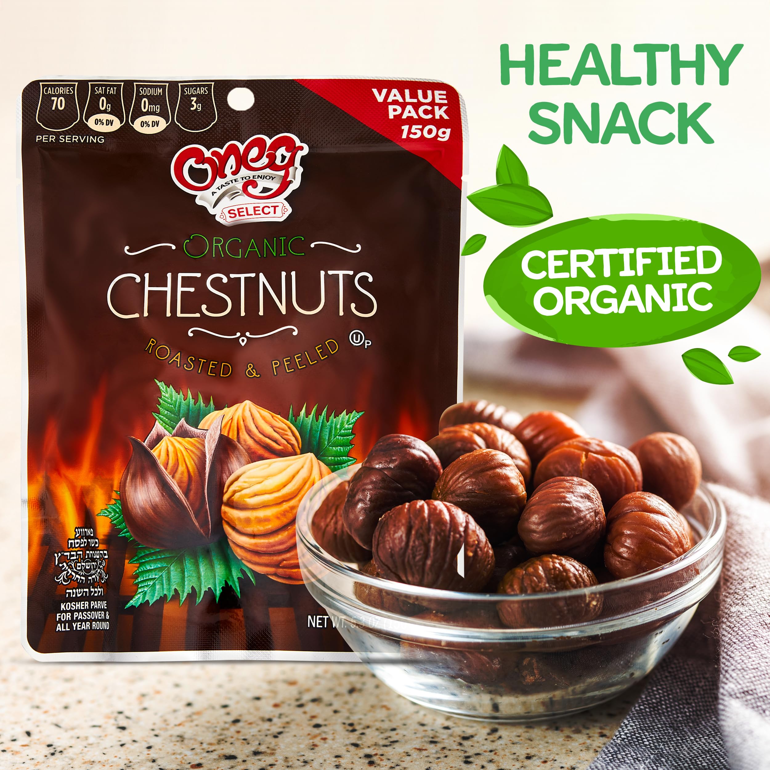 Organic Roasted & Peeled Chestnuts - Healthy Gluten-Free Vegan Snack, Ready to Eat, No Sodium or Sugar Added, 12 Pack (63.6oz) - Perfect for Hiking, Camping & Healthy On-the-Go Snacking