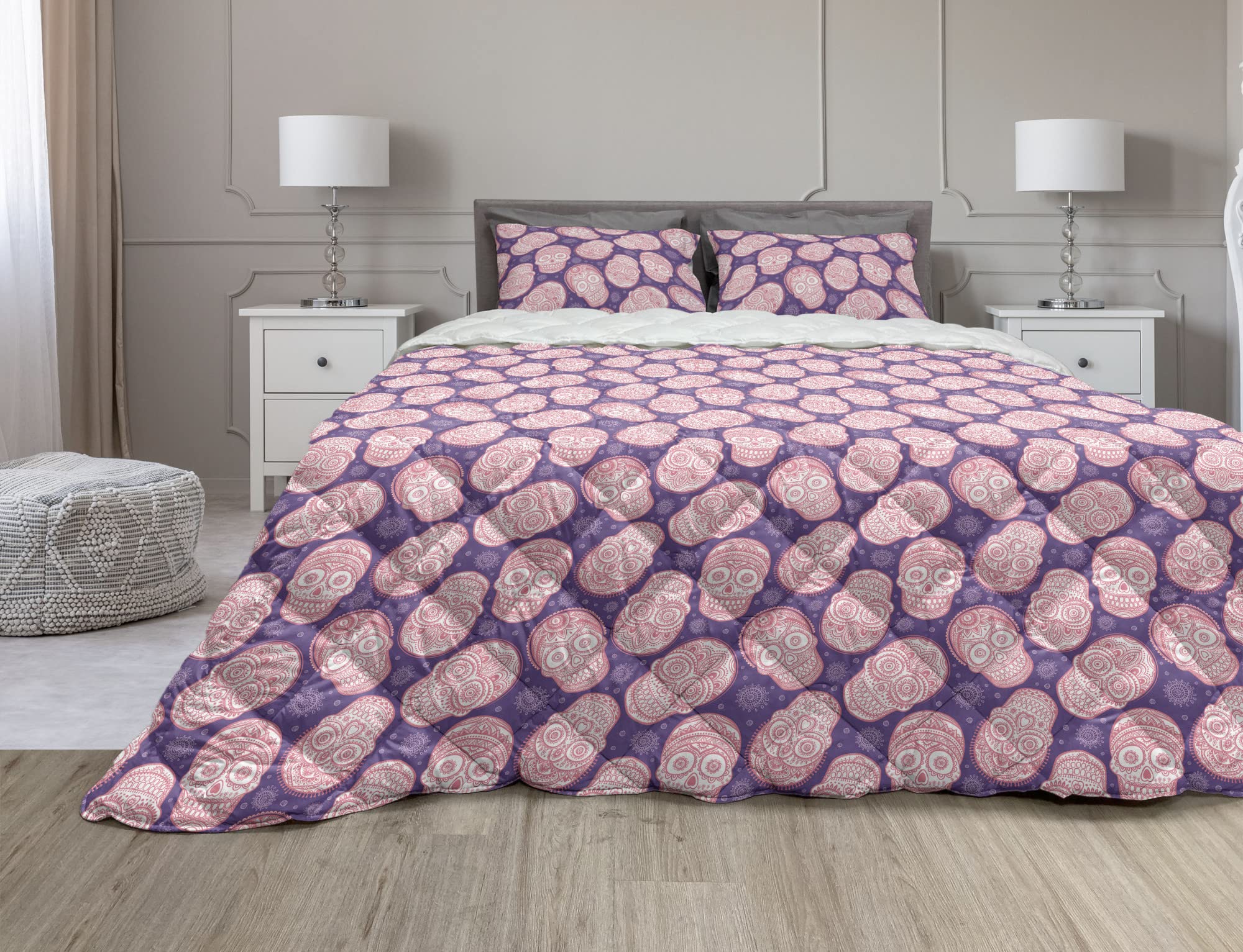 Ambesonne Hand-Drawn Human Skulls & Ornaments 3-Piece King Size Comforter Set - Microfiber Filled Duvet Cover with Sham, Quartz Pastel Pink - Gothic Bedroom Decor for Teens & Adults