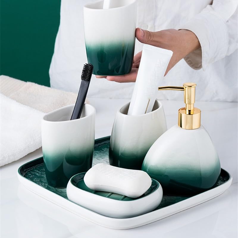Ceramic Toothbrush Holder & Lotion Bottle Set - Modern Bathroom Organizer with Soap Dispenser - Home Washroom Decor for Vanity Countertop, Sink Area & Guest Bathroom