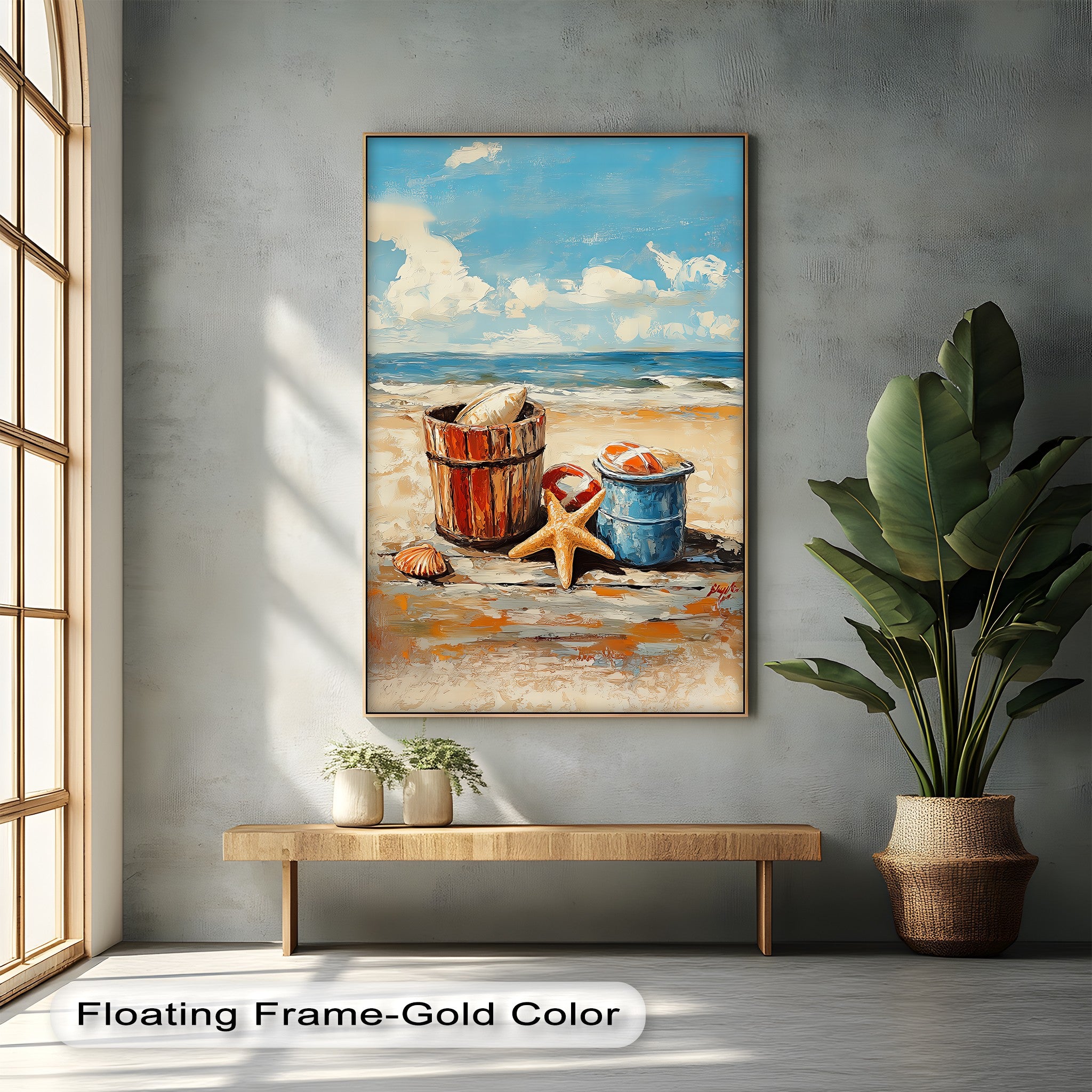 Vibrant Coastal Bucket Scene Canvas Prints - Beach Wall Art Decor for Living Room, Bedroom & Office - Perfect for Coastal, Nautical & Beach House Themes