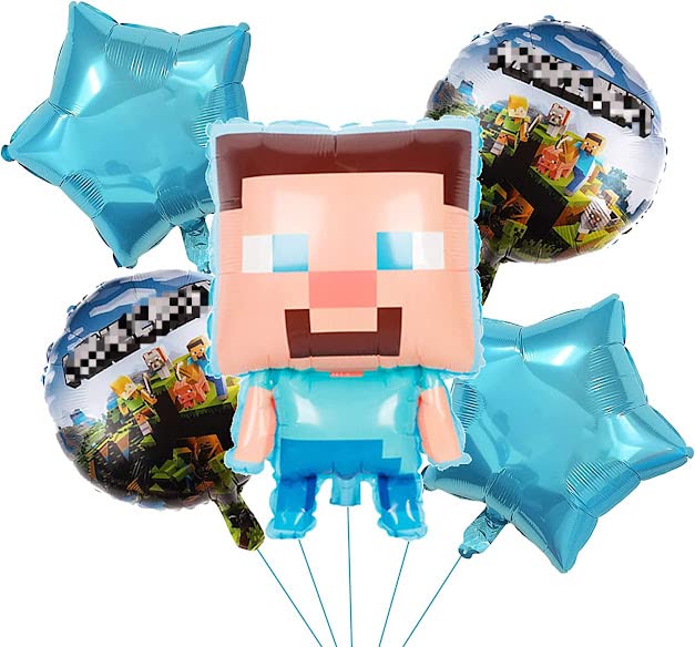 5 PCS Pixel Miner Balloons - Pixel Style Gamer Party Decorations for Birthday, Gaming Events & Themed Parties - Perfect for Minecraft, Video Game & Geek Celebrations