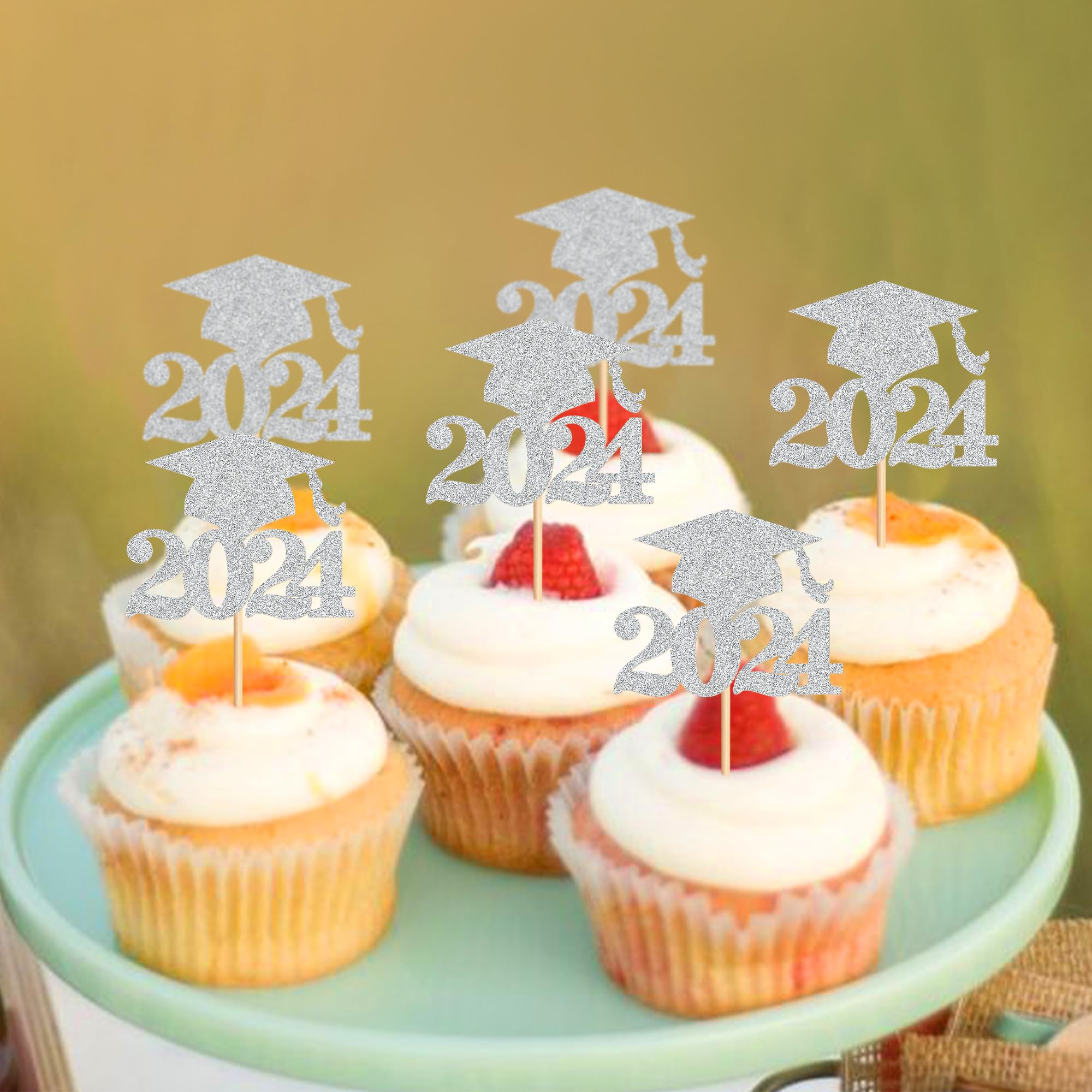 Ercadio 36 Pack 2024 Graduation Cupcake Toppers - Silver Glitter Class of 2024 Cake Decorations for Graduation Party, Birthday & Celebration (Perfect for Cupcakes, Cakes and Desserts)