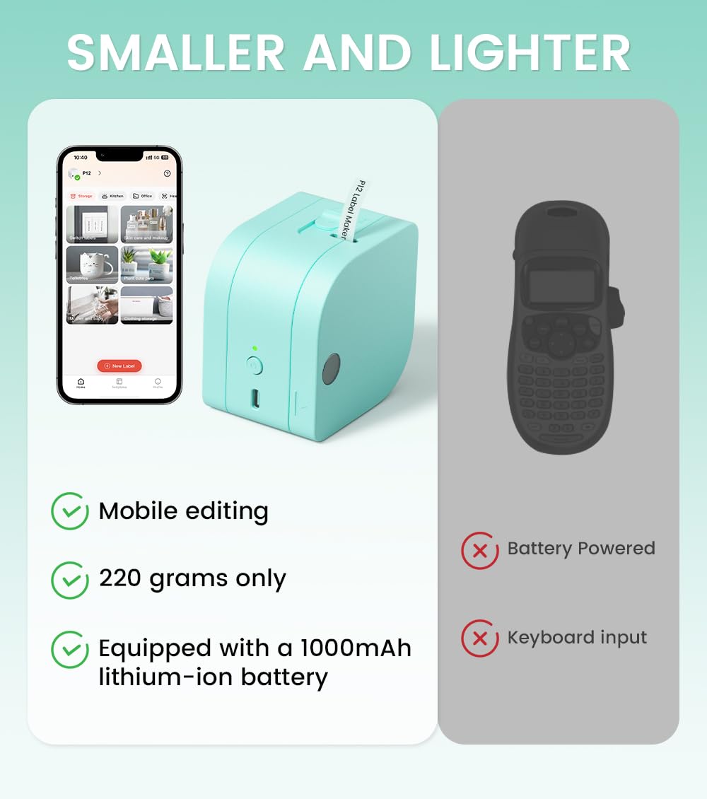 Phomemo P12 PRO Bluetooth Label Maker Machine with Tape - Mini Thermal Label Printer for Home Office Organization, Rechargeable Handheld Labeler for Phone, iPad & Smart Devices | Perfect for Organizing Files, Pantry, School Supplies & Craft Projects