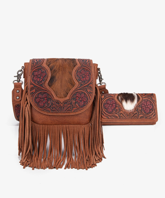 Genuine Hair-On Cowhide Crossbody Bag with Tooled Fringe - Trinity Ranch Western Style Purse for Women | Perfect for Rodeo, Country Concerts & Boho Fashion