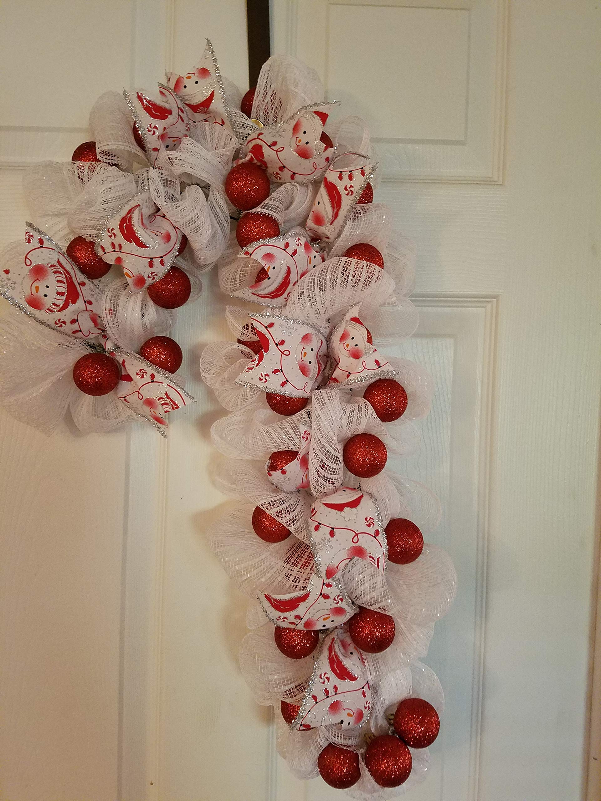Festive Snowman Candy Cane Shaped Christmas Wreath - Holiday Door Decor for Home, Office & Winter Party Decoration