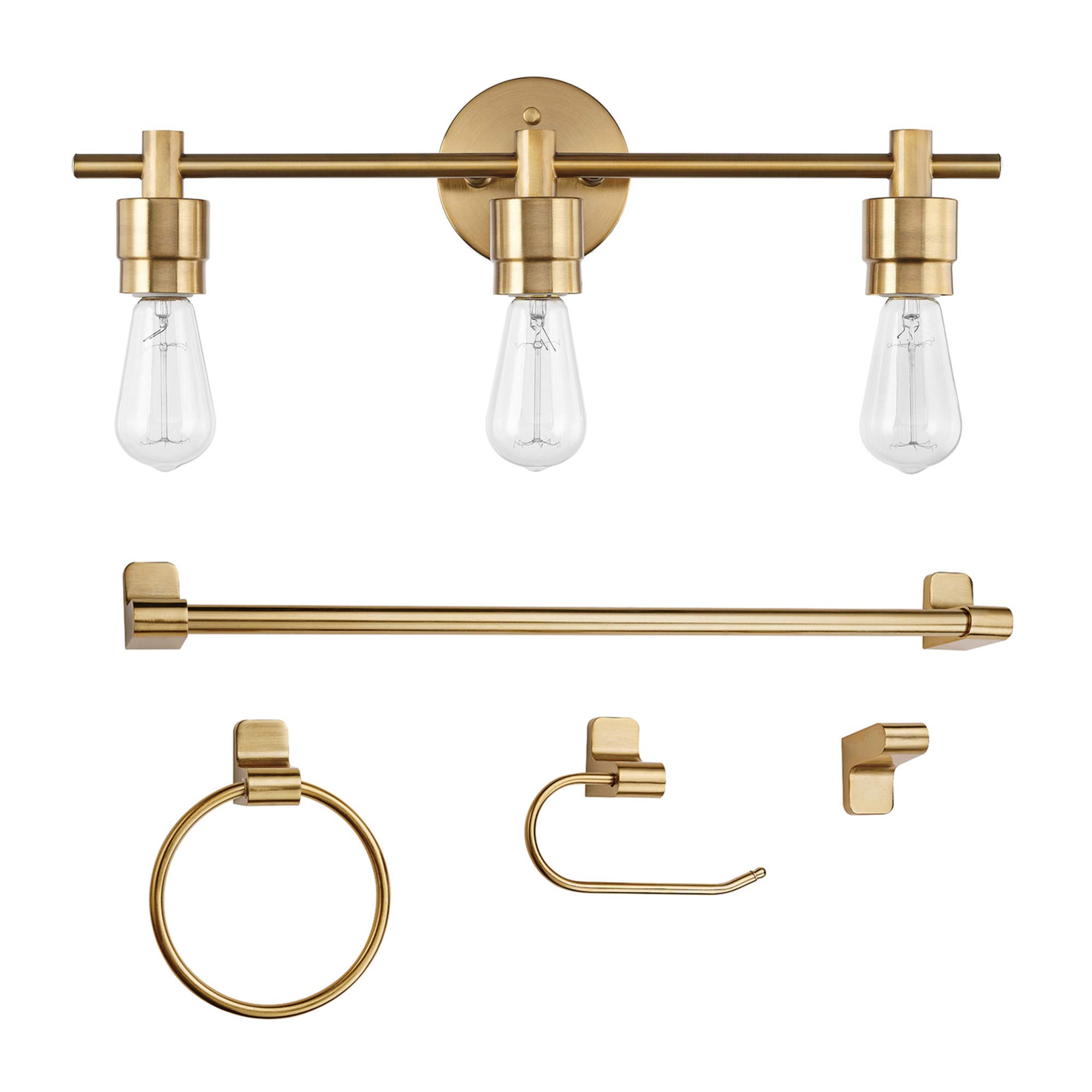 Globe Electric 51563 Alexandria 5-Piece Bathroom Set in Matte Brass - 3-Light Vanity Light, Towel Bar, Towel Ring, Robe Hook & Toilet Paper Holder - Perfect for Modern Bathroom Decor & Spa-Like Luxury
