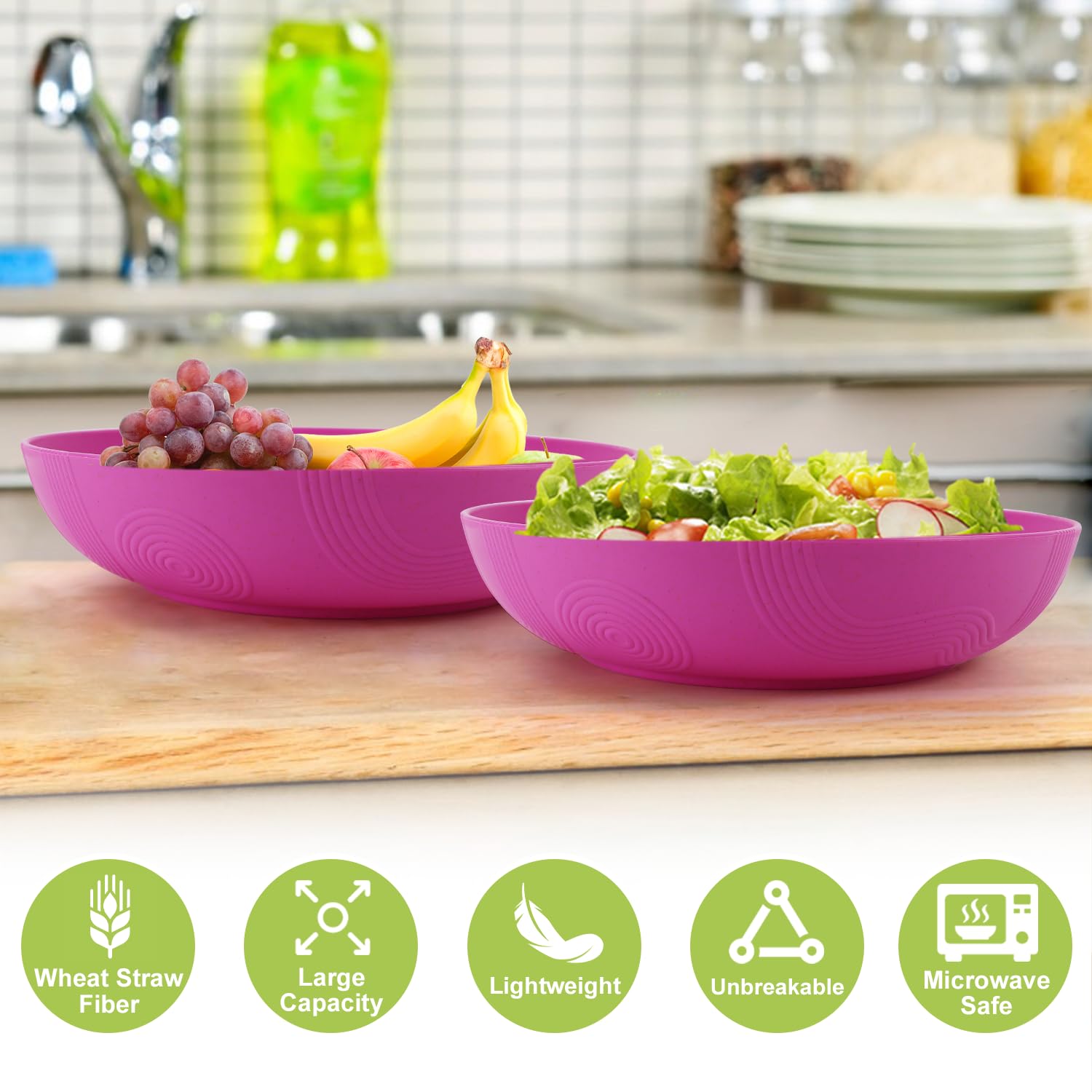 65 oz Large Wheat Straw Salad Bowls 2 Pack - 10 Inch Wide & Shallow Reusable Plastic Serving Bowls - Dishwasher Safe for Cereal, Pasta, Fruit - Perfect for Family Dinners, Picnics, Party Snacks (Pink)