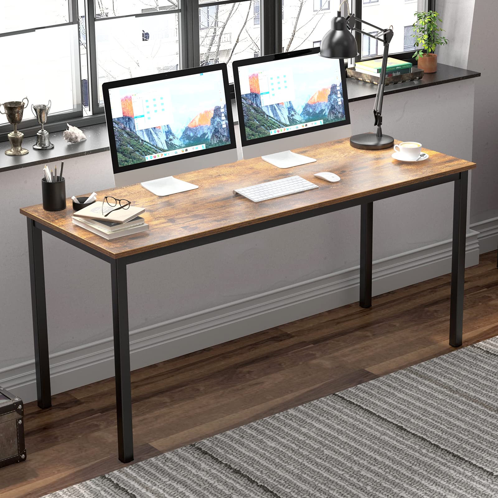 DlandHome 63 Inch Rustic Brown Computer Desk - Home Office Desk, Writing Desk, Study Table, Gaming Desk with Sturdy Workstation (Perfect for Small Spaces, Home Office & Gaming Setup)