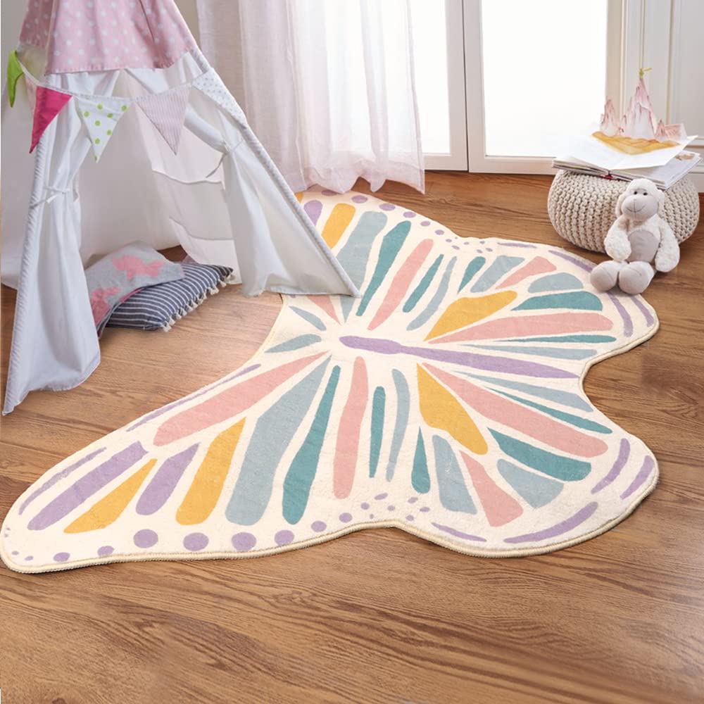 Lukinbox Butterfly Kids Rug for Girls Bedroom - Colorful Washable Non-Slip Nursery Rug, Soft Play Mat Carpet for Playroom & Kids Room (4' x 5.3') - Perfect for Toddler Play Areas, Daycare Centers & Children's Bedroom Decor