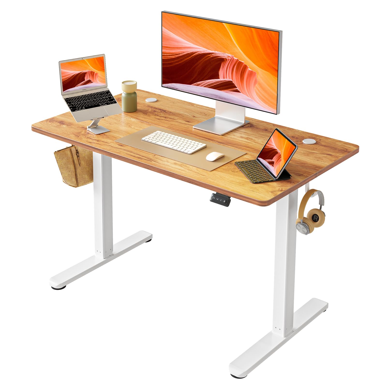 FAMISKY 40 x 24 Inch Electric Height Adjustable Standing Desk - White Frame & Light Rustic Brown Desktop with Splice Board - Ergonomic Sit Stand Computer Workstation for Home Office - Perfect for Remote Work, Gaming & Study Spaces