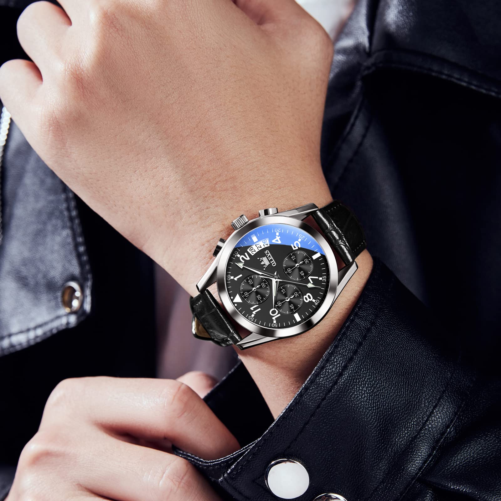 OLEVS Men's Chronograph Quartz Watch - Gold Stainless Steel Case, Leather Strap, Waterproof, Luminous Hands, Day Date Function - Brown/Black/Blue/White Dial - Perfect for Business, Casual & Outdoor Activities