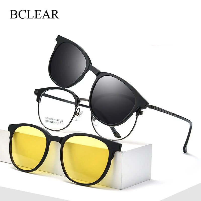 Bclear Unisex Full Rim Round Alloy Eyeglasses with Clip-On Polarized Sunglasses 9820 - Stylish UV Protection for Driving, Outdoor Activities & Everyday Wear