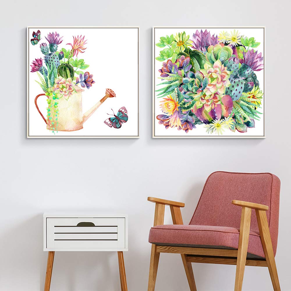 Floating Framed Canvas Wall Art - Green Plant Cactus Print for Living Room & Bedroom Decor - 24x24 Inch 2-Panel Set - Ready to Hang Home Decoration - Perfect for Modern Interior Design & Housewarming Gifts