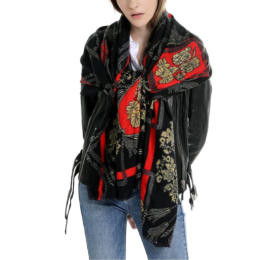 PDGJG Women's Imitation Cashmere Scarf - Warm Winter Snood & Shawl Wrap (Black Red, 200x90cm) for Office, Travel & Outdoor Activities