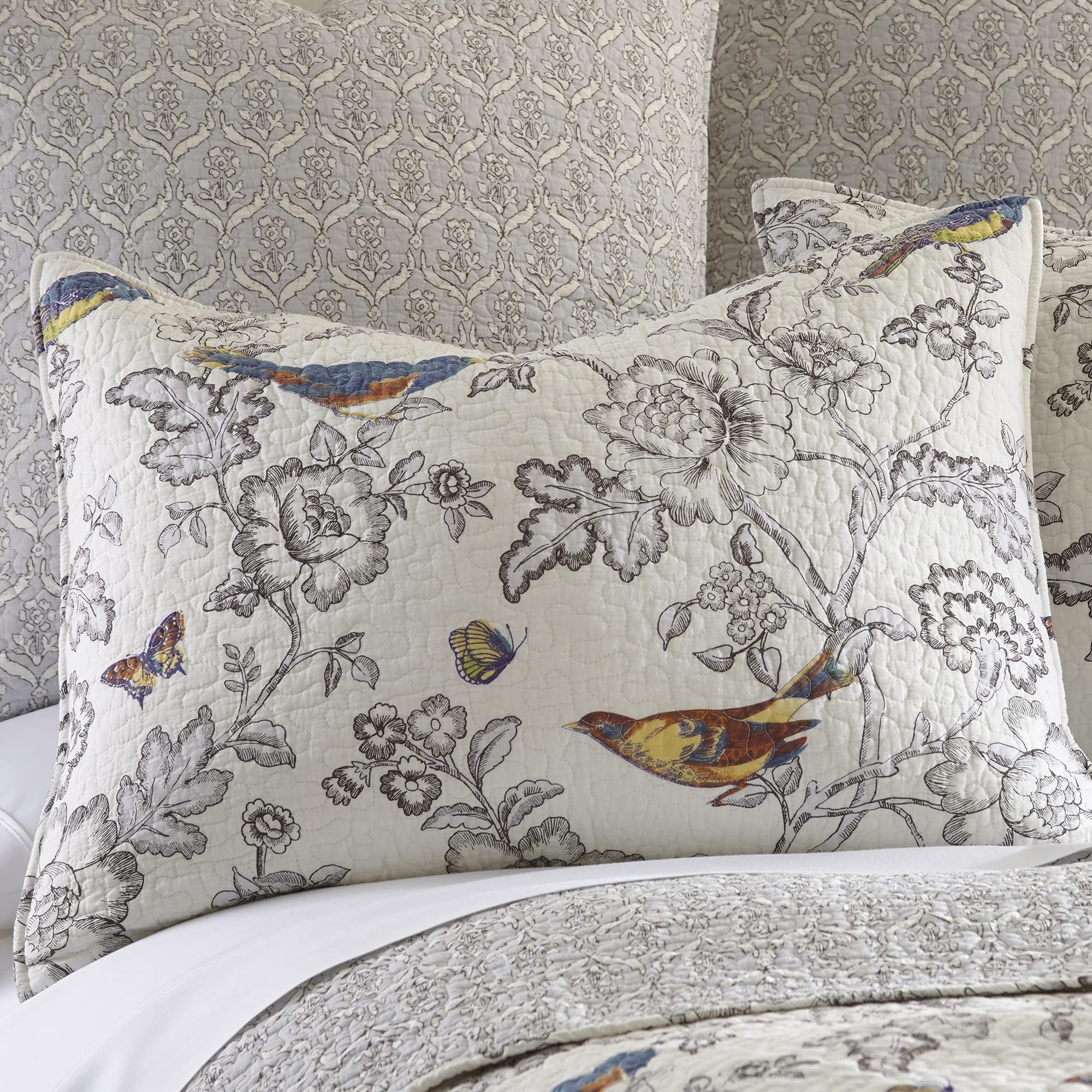 Levtex Home Mockingbird Quilt Set Full/Queen Size 88x92 Inches with 2 Standard Pillow Shams 26x20 Inches - Grey Toile Bird & Butterfly Print Reversible Cotton Bedding - Perfect for Guest Rooms, Master Bedrooms & Cozy Farmhouse Decor