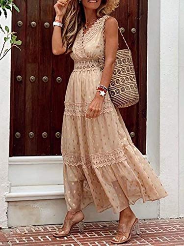 Boho Floral Lace Maxi Sundress for Women - Flowy Swing Sleeveless V-Neck Dress for Beach, Wedding Guest, Bridesmaid & Cocktail Party | Perfect for Summer Vacations, Garden Parties & Romantic Dates