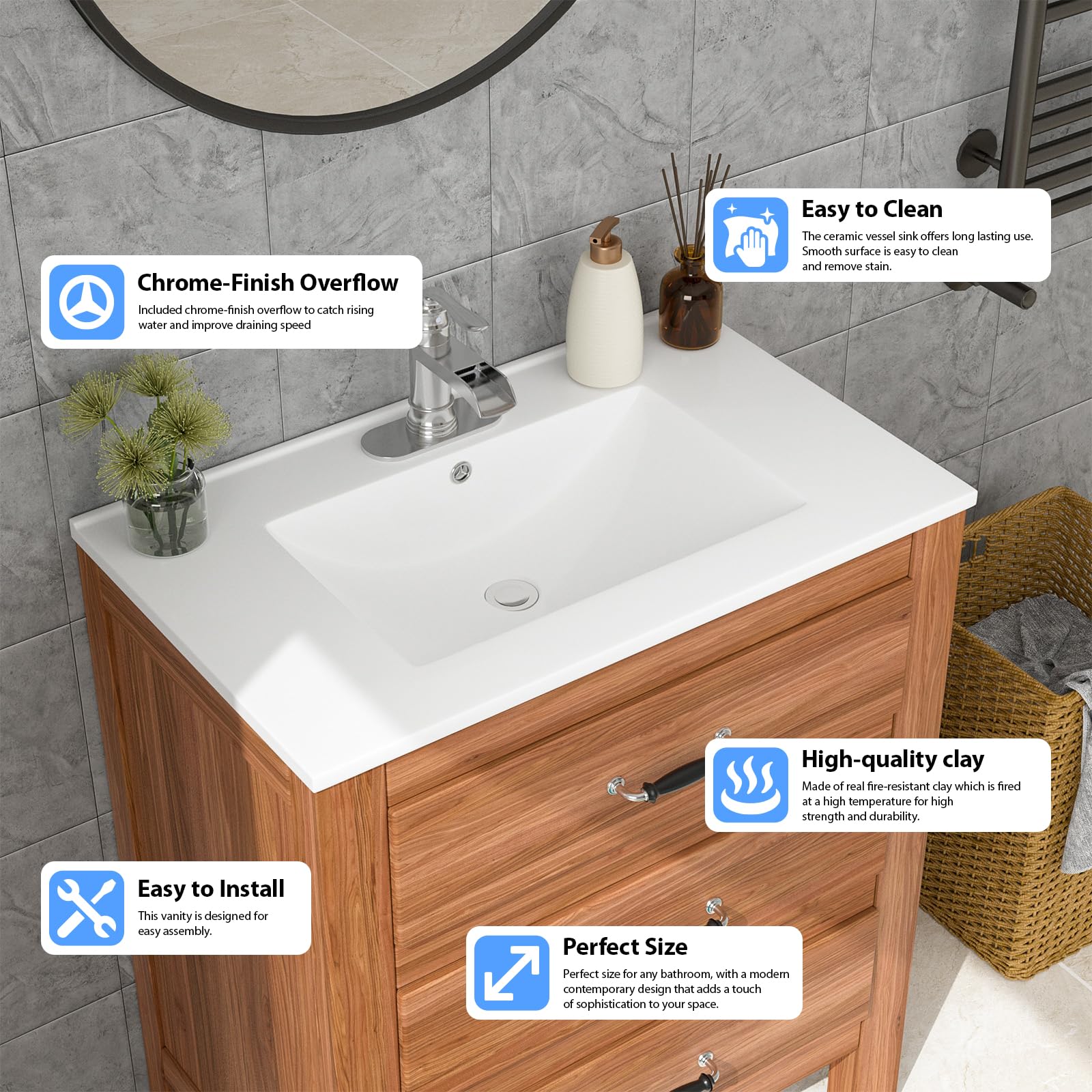 Lordear White Porcelain Ceramic Drop-In Bathroom Sink - 30 x 18 Inch Single Hole Vanity Top Basin for Modern Bathrooms | Perfect for Home Renovation & Guest Bathroom Upgrades