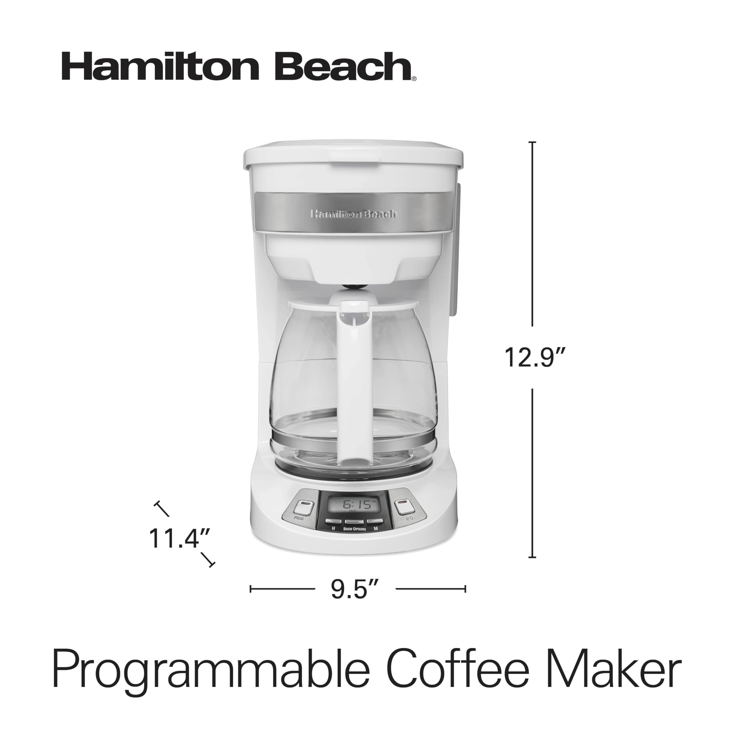 Hamilton Beach 12 Cup Programmable Drip Coffee Maker - 3 Brew Options, Glass Carafe, Auto Pause & Pour - White (46294) | Perfect for Home, Office & Entertaining