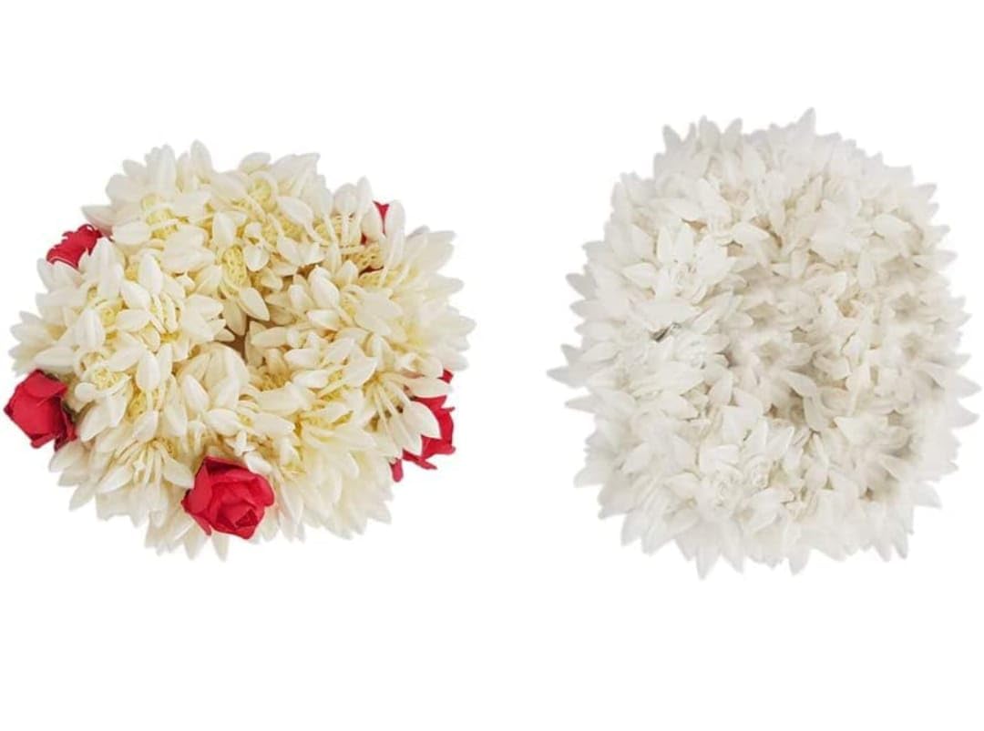 2-Piece Rose Mogra Scented Hair Rubber Bands - Gajra Hair Accessories for Women & Girls (White, Free Size) - Perfect for Weddings, Parties & Traditional Hairstyles