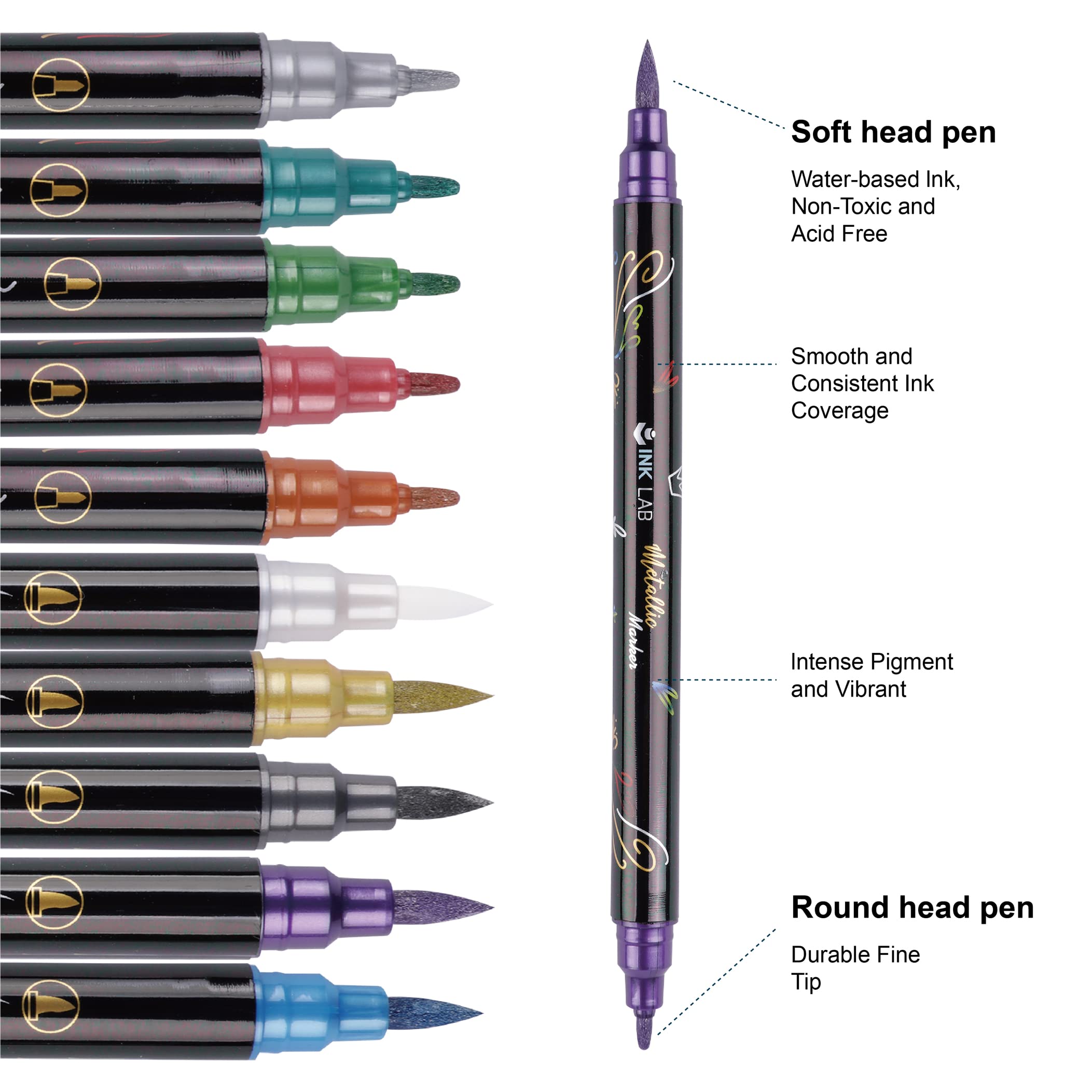 INK LAB 24Pcs Dual Tip Brush Pens - Metallic Art Markers for Calligraphy, Lettering & Drawing on Wood, Ceramic, Rock, Metal - Perfect for Card Making, Scrapbooking, Album Decor & DIY Crafts