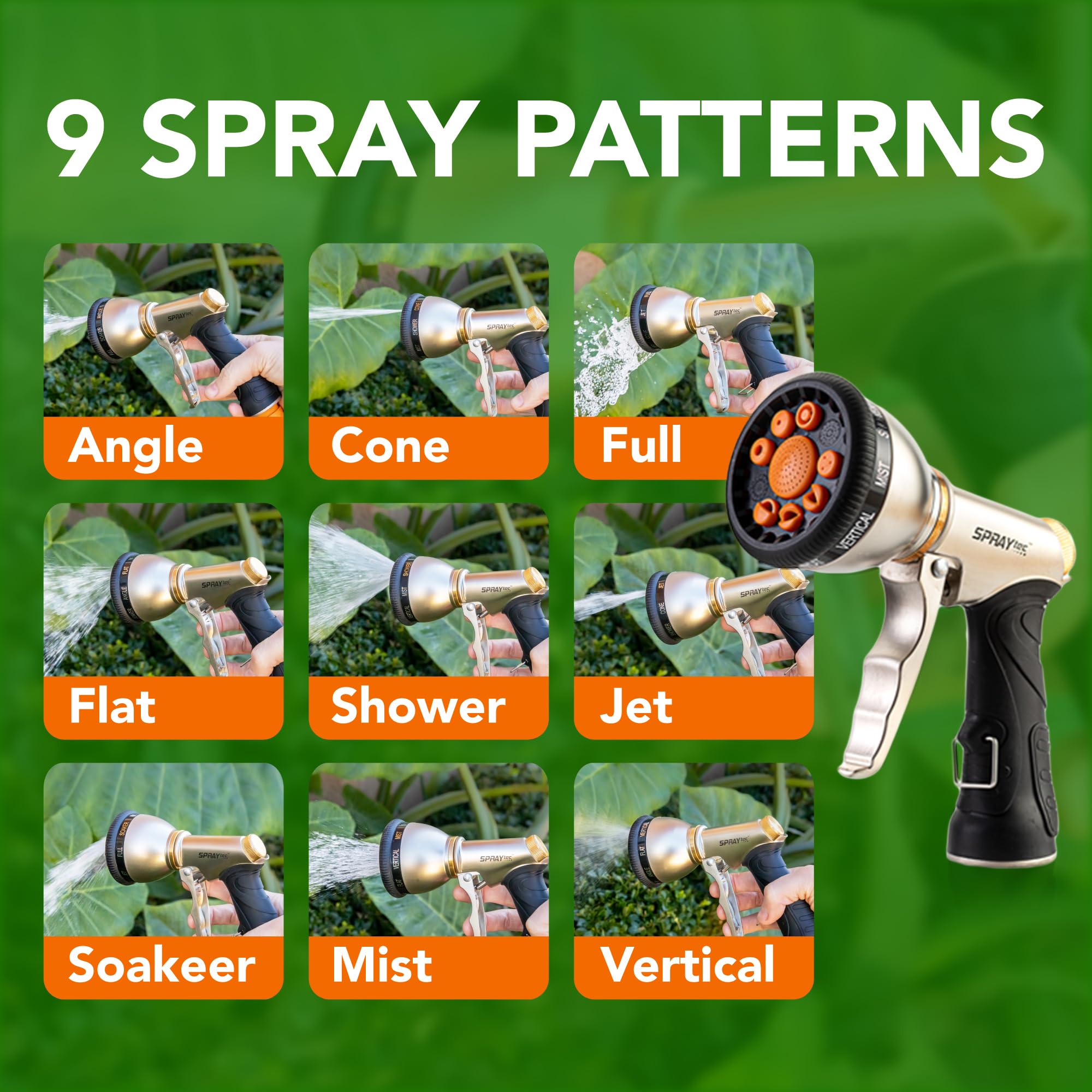 Premium Heavy Duty Metal Garden Hose Nozzle Sprayer - 9 Adjustable Spray Patterns for High Pressure Watering | Ideal for Lawn Care, Dog Washing & Car Cleaning | Durable Outdoor Watering Tool for Gardening & Cleaning Tasks
