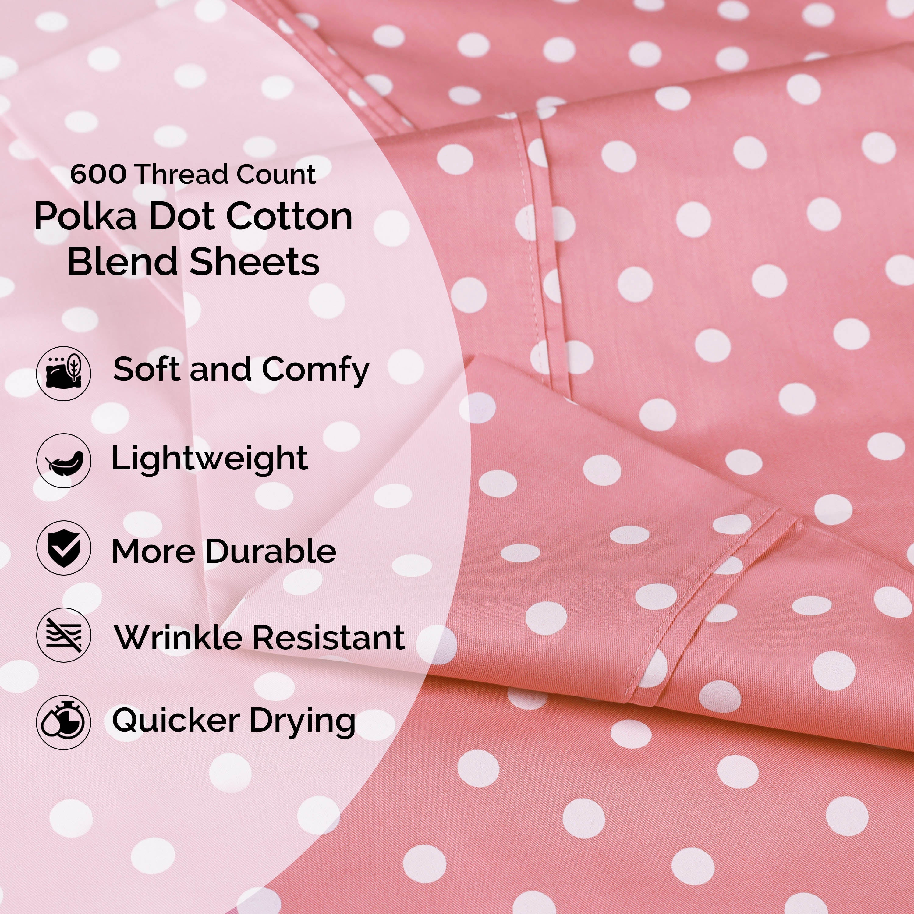 Polka Dot 600 Thread Count Cotton Blend Deep Pocket Sheet Set - Queen Size Bed Sheets for Comfortable Sleep - Perfect for Master Bedroom, Guest Room & Dorm