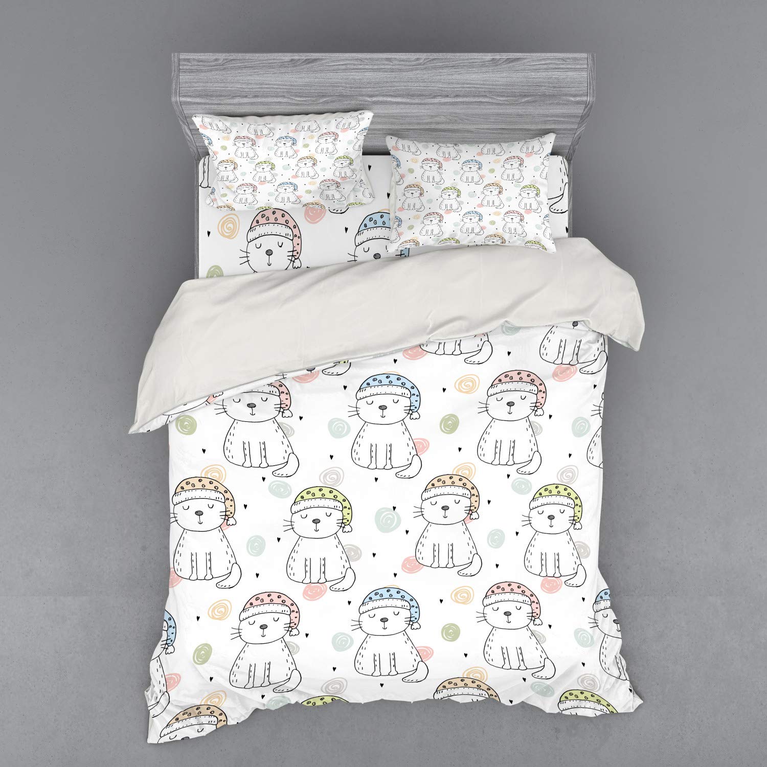 Ambesonne Cartoon Cat Bedding Set - 3 Piece Duvet Cover with Sham & Fitted Sheet, Queen Size, Pale Yellow & Blue, Sleepy Cat with Colorful Hats Design | Perfect for Kids' Rooms, Guest Bedrooms & Cozy Animal-Themed Decor