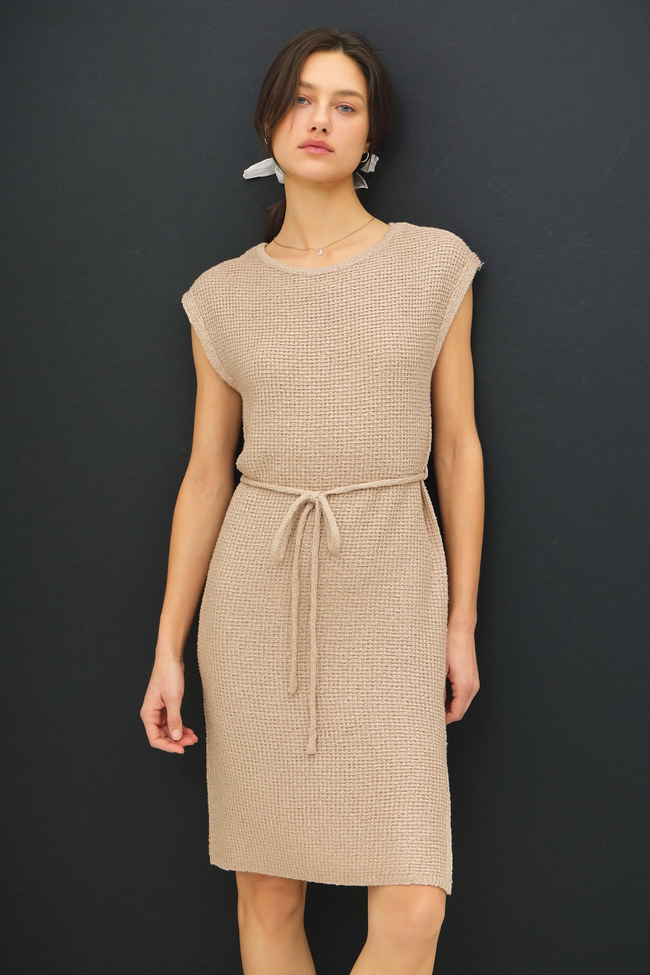 Beige Waffle Knit Sash Tie Short Sleeve Maternity Dress for Pregnancy - Comfortable & Stylish Nursing Dress for Casual Outings, Baby Showers & Maternity Photos