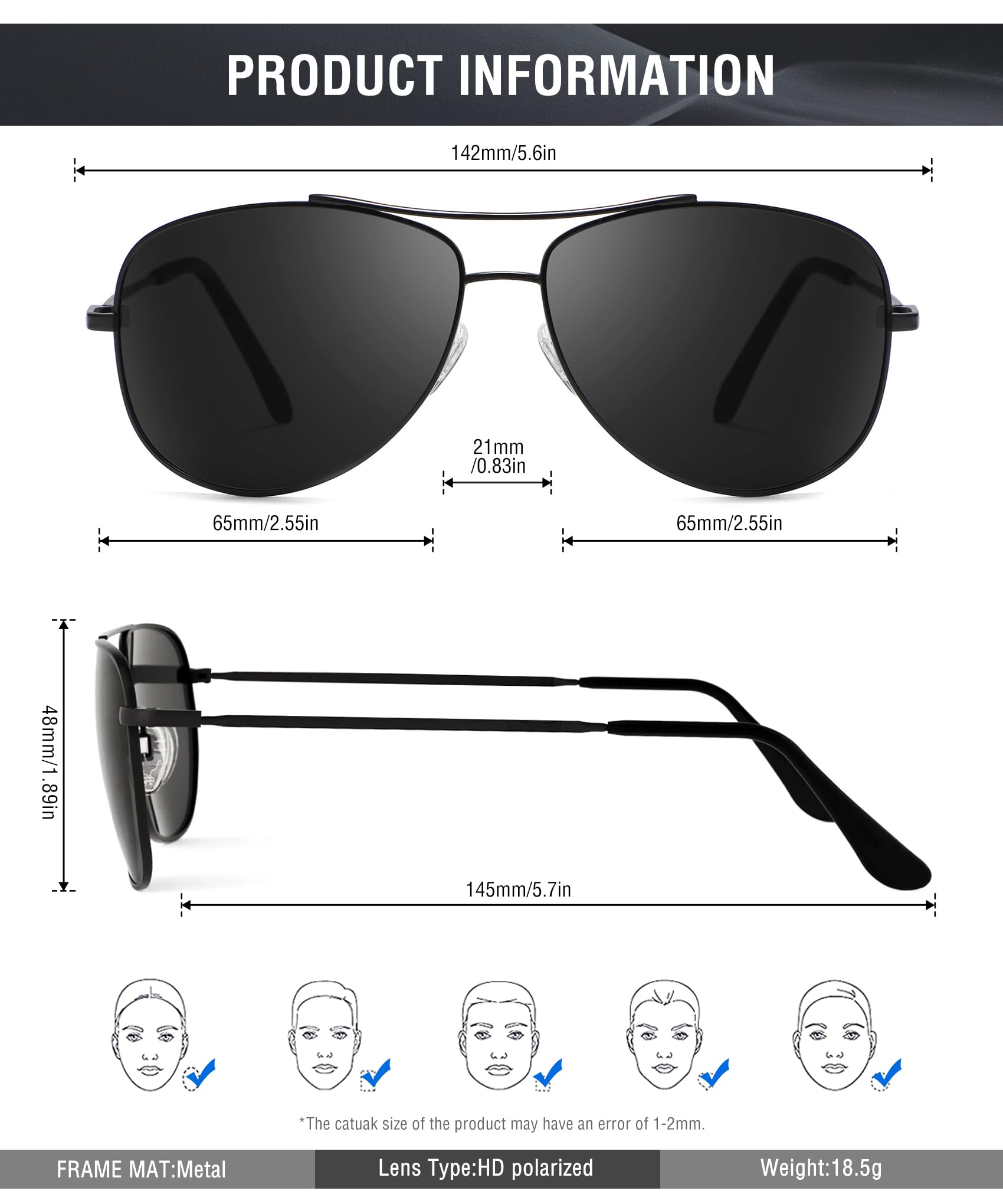 KALIYADI Polarized Aviator Sunglasses for Men & Women - Lightweight UV400 Protection Sun Glasses for Driving, Outdoor Sports & Fashion