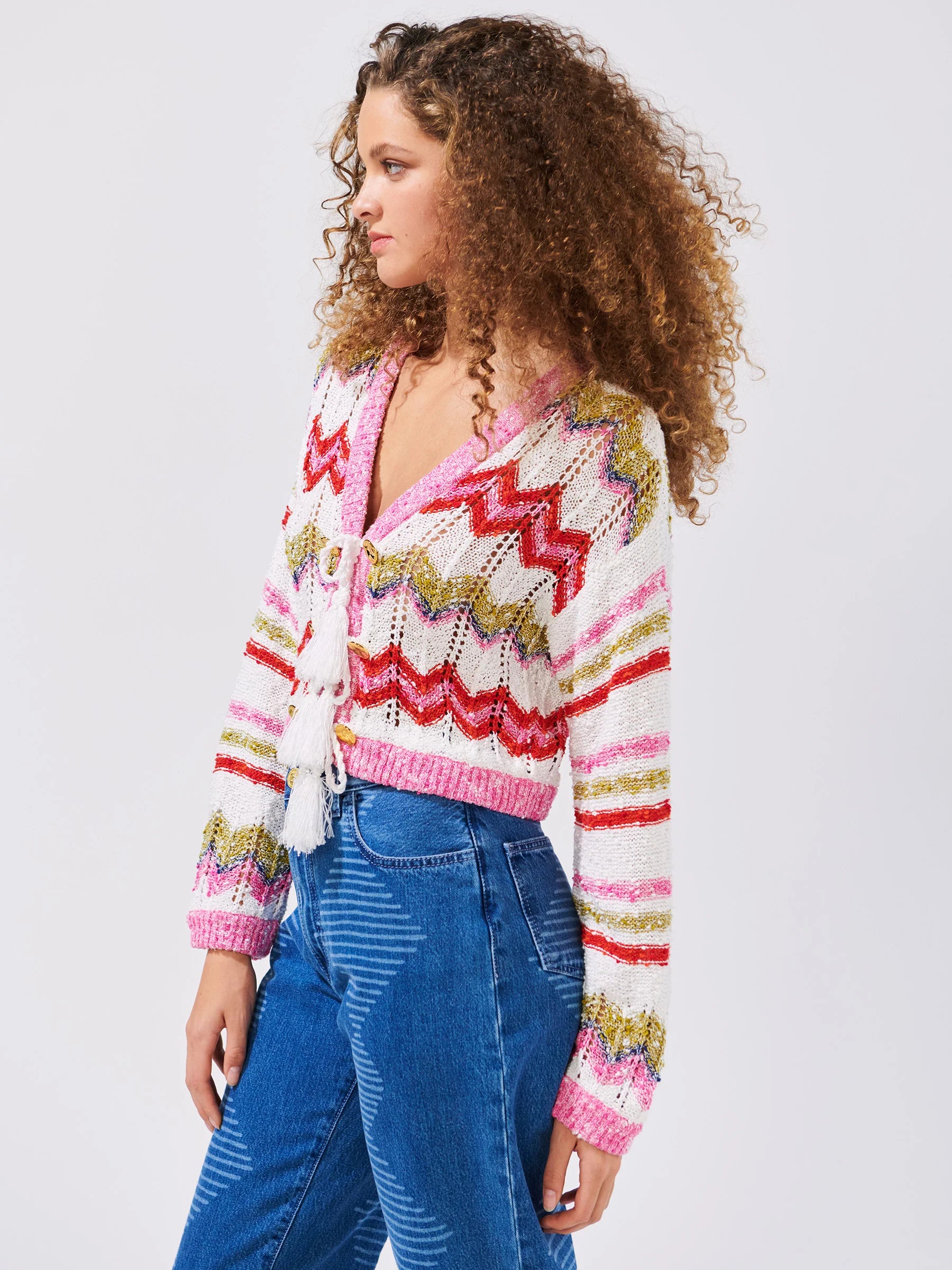 Boucle Cardigan Women's Cozy Knit Sweater Zig Zag White - Perfect for Casual Outfits, Office Wear & Fall Layering