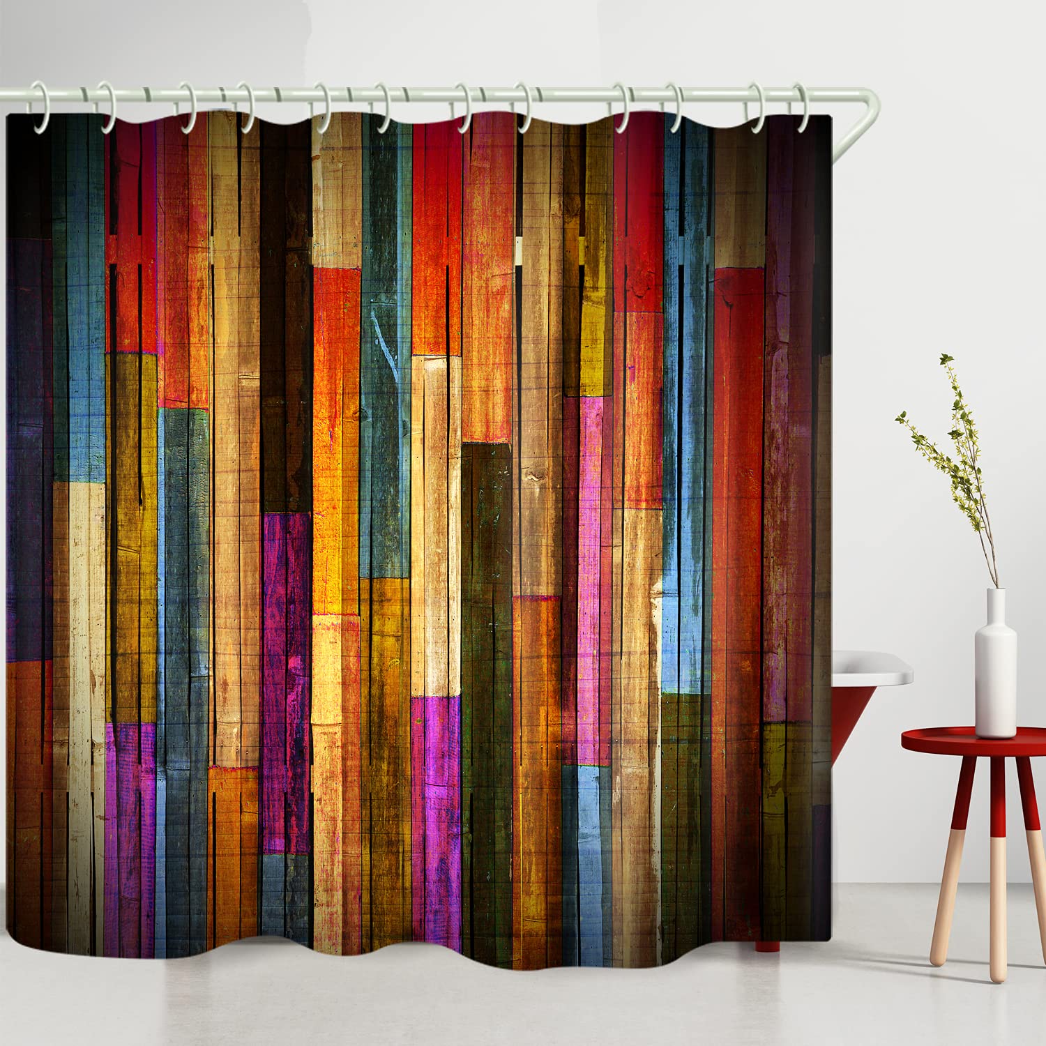 Waterproof Shower Curtain Set with Striped Red Wood Print - Polyester Fabric Bathroom Curtain with Hooks & Liners - Elegant Bathtub Accessory for Modern Bathrooms, Spa & Guest Bath Decor