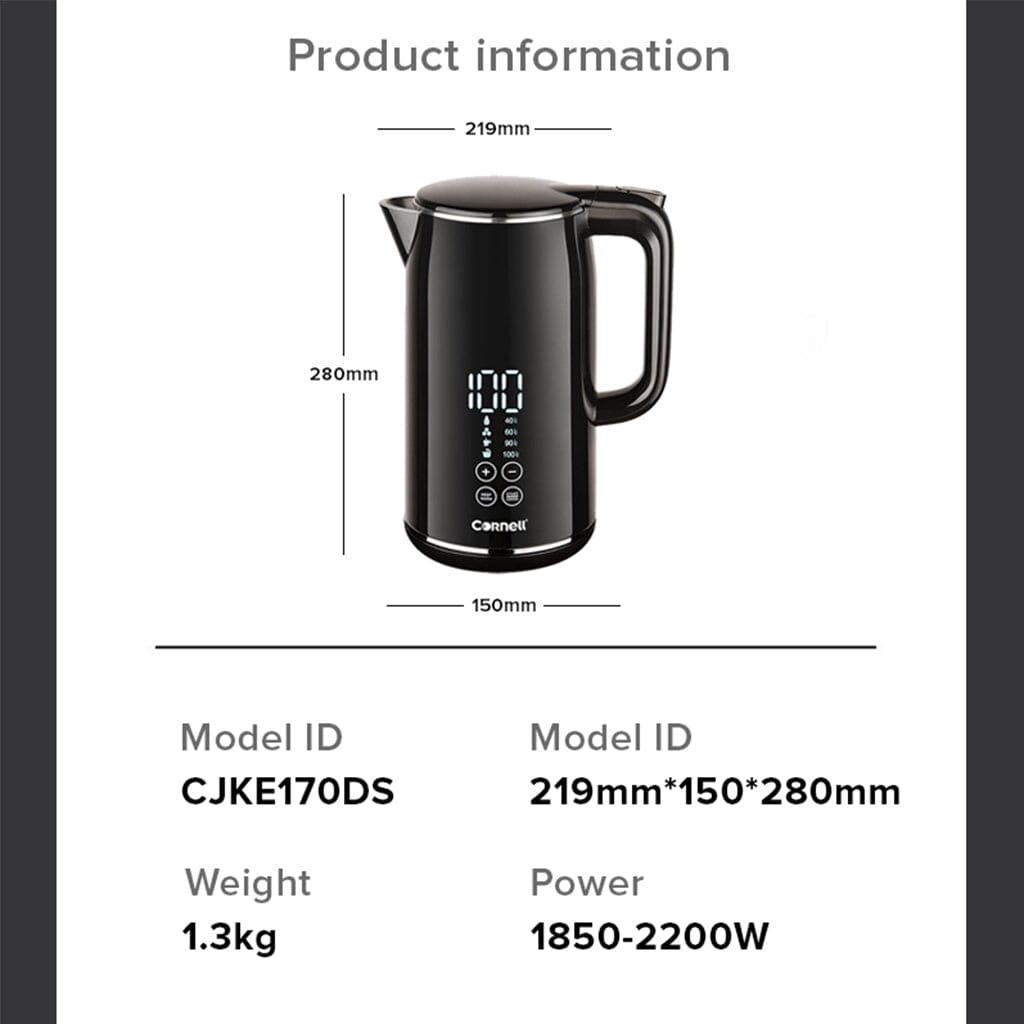 Cornell 1.7L Smart Electric Kettle with Digital Display - Cool Touch Exterior & Stainless Steel Interior - Fast Boiling for Coffee, Tea & Instant Meals - Perfect for Home, Office & Dorm Use (CJKE170DS)