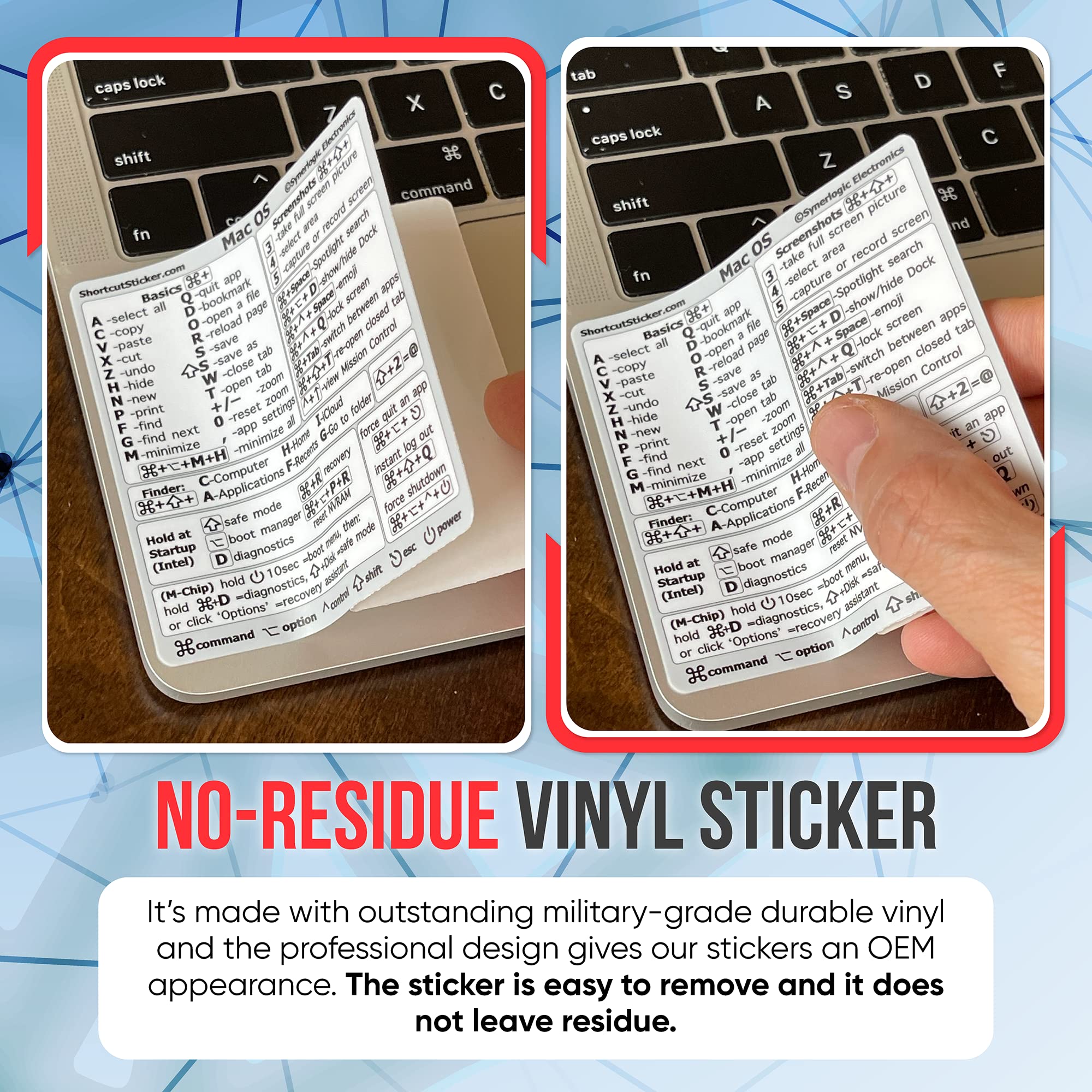 Synerlogic (2 Pack) Mac OS Shortcuts Stickers - Clear Vinyl Keyboard Stickers for MacBook Air & Pro 13-16