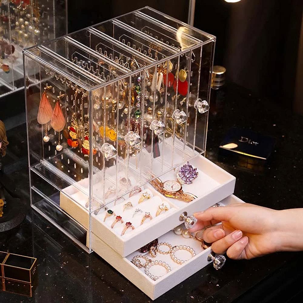 Clear 5-Tier Vertical Drawer Earring Display Stand Organizer with 2 Storage Drawers - Portable Velvet Jewelry Tray for Ring & Earring Storage - Perfect for Boutique, Jewelry Store & Home Organization