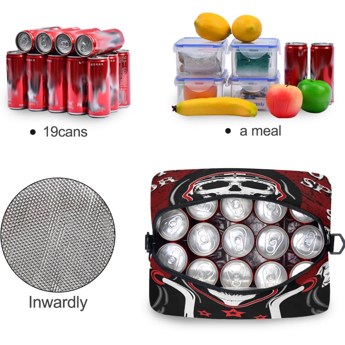 **MNSRUU Insulated Lunch Bag with Skull Design - Reusable Leakproof Cooler Lunch Tote for Men & Women - Perfect for Work, School, Picnics & Motorcycle Rides**