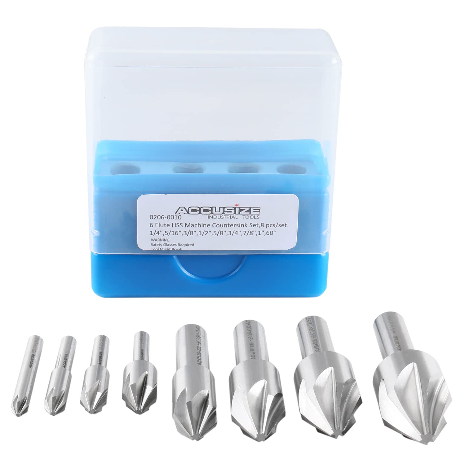 Accusize Industrial Tools 60 Degree 6 Flute HSS Machine Countersink Set - 8 Pcs Precision Ground for Metalworking, Woodworking & DIY Projects - Model 0206-0010