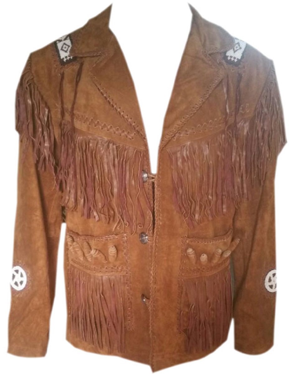 LEATHERAY Men's Western Cowboy Jacket - Fringe & Beaded Suede Leather Coat in Brown | Perfect for Rodeo, Country Music Festivals & Western Style Outfits