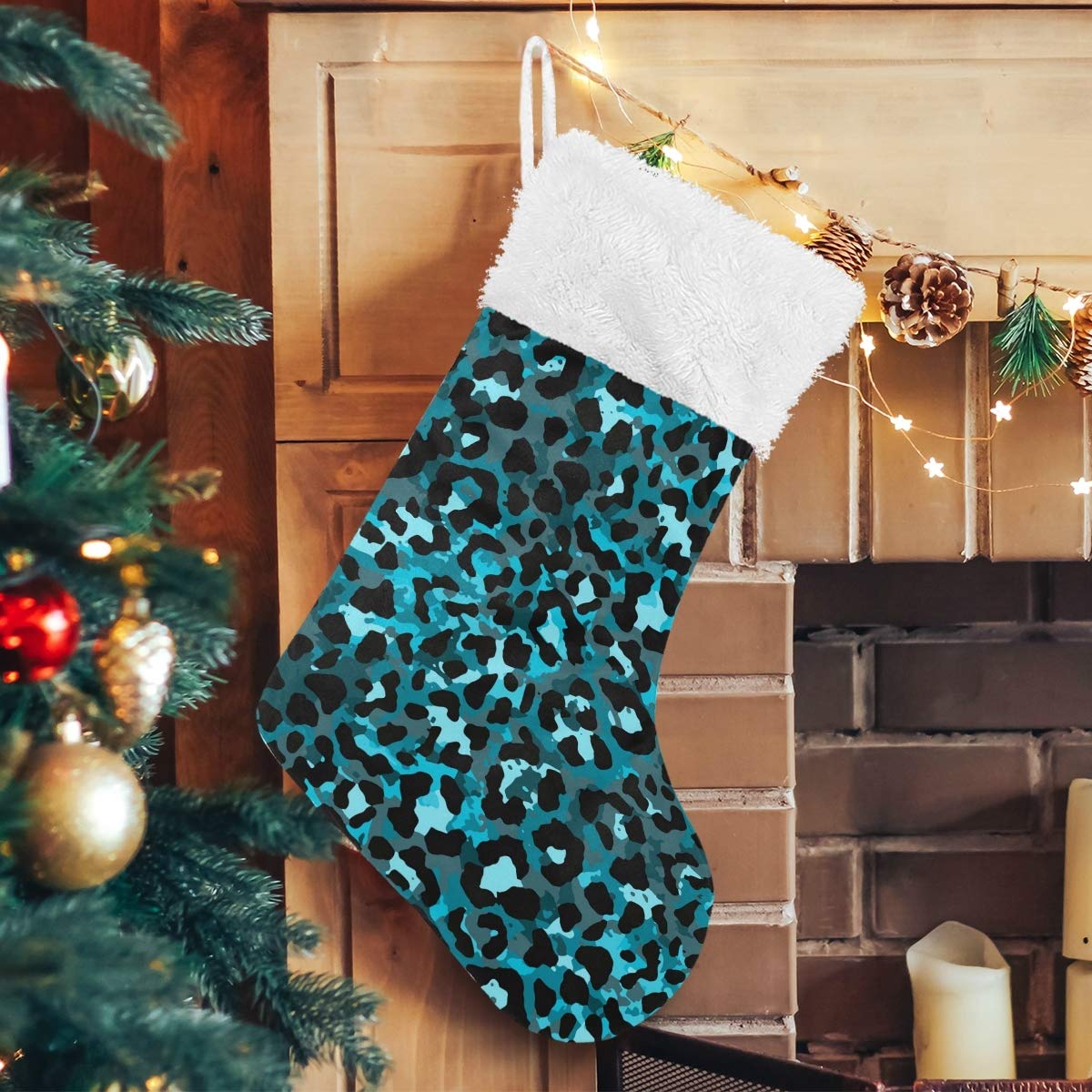 Fashion Teal Green Leopard Print Faux Fur Christmas Stockings - 17 Inch Large Hanging Socks for Fireplace, Holiday Decor, Xmas Party & Family Gatherings (1 Piece) - Perfect for Gift Exchanges, Stocking Stuffers & Festive Home Decoration