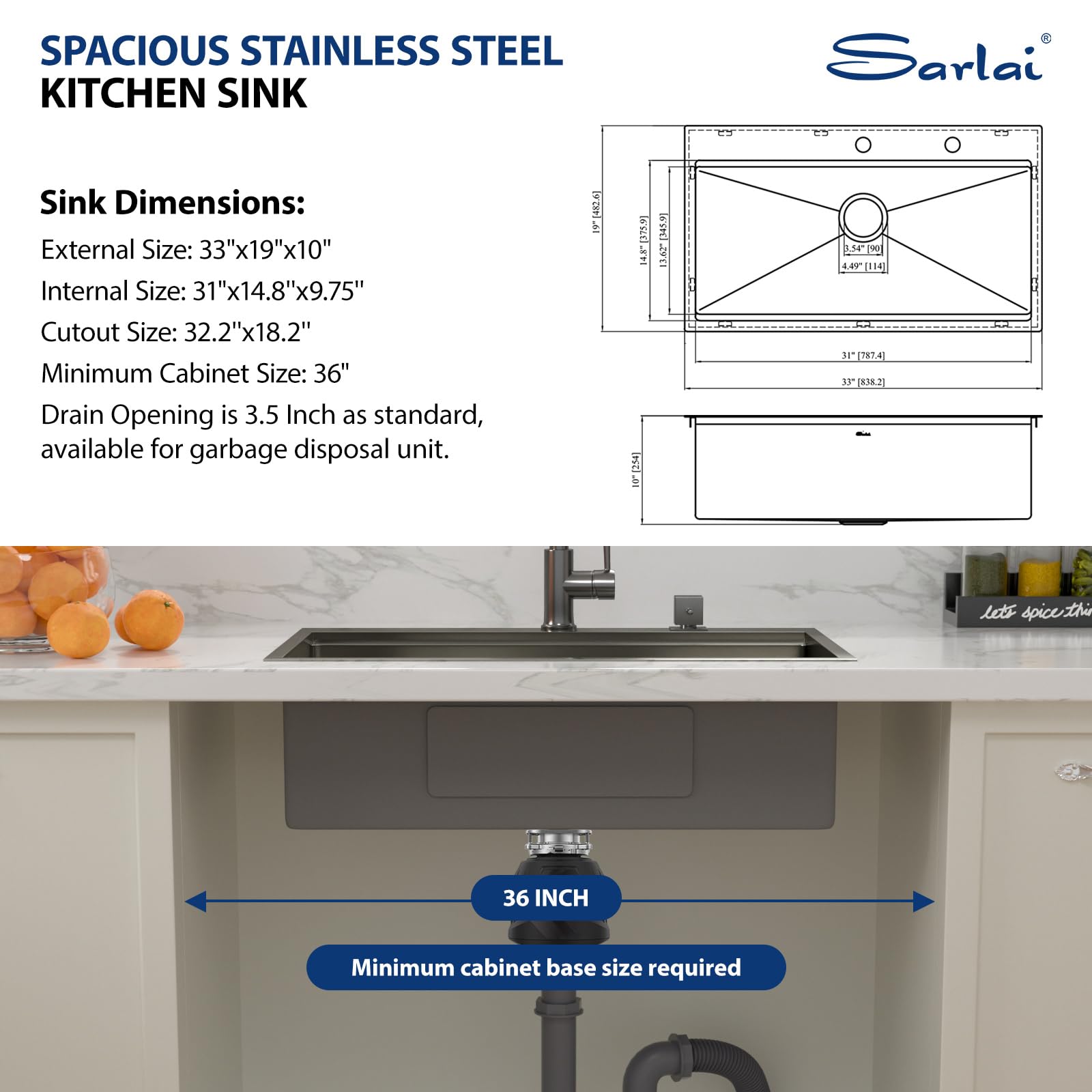 33 Inch Black Drop-In Kitchen Sink Workstation - 16 Gauge Stainless Steel Topmount Sink with Deep Single Bowl | Perfect for Food Prep, Dishwashing & Small Kitchen Spaces