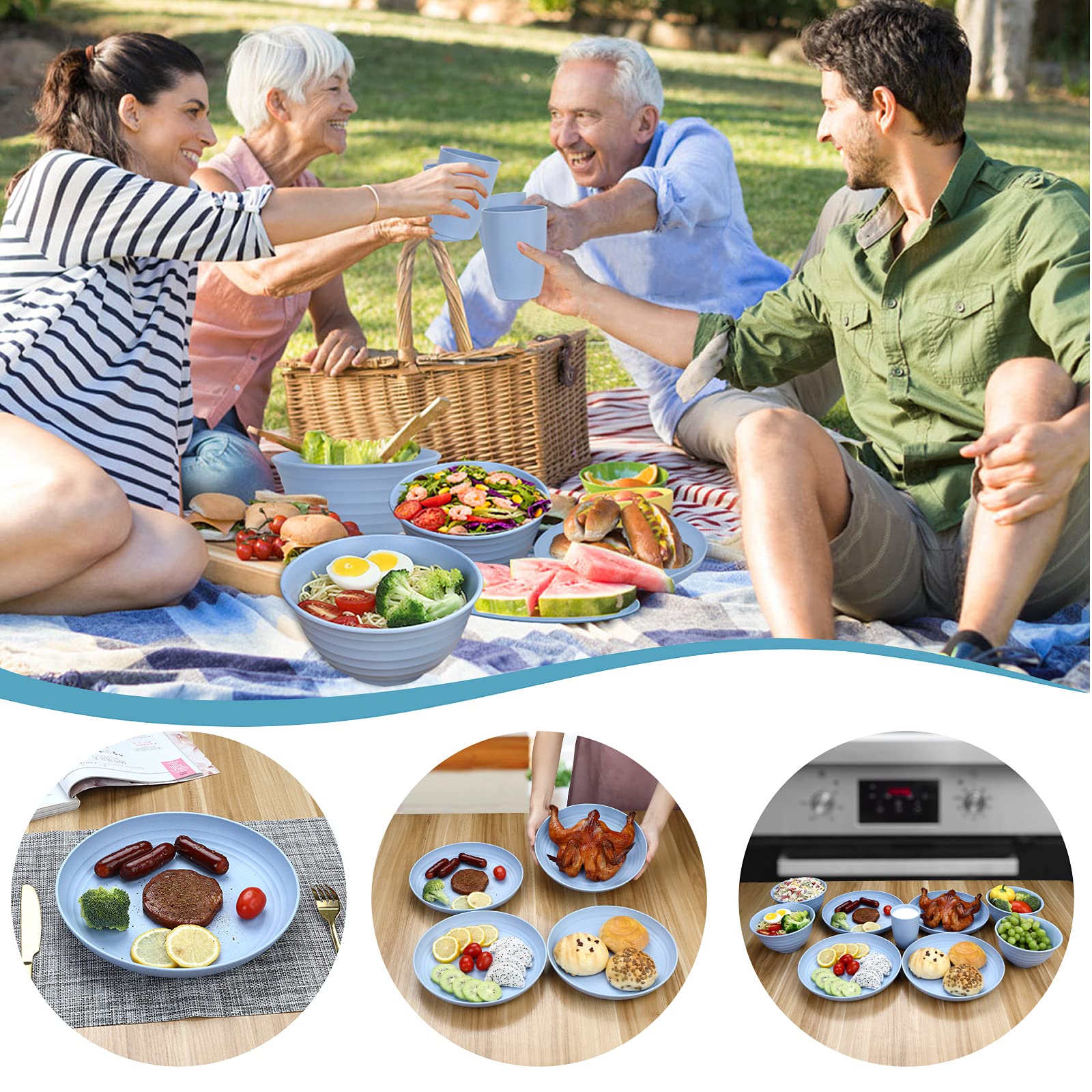 12-Piece Plastic Wheat Straw Dinnerware Set for 4 - Cups, Plates & Bowls | Microwave & Dishwasher Safe | Eco-Friendly Lightweight Tableware | Perfect for Picnics, Camping & Outdoor Dining