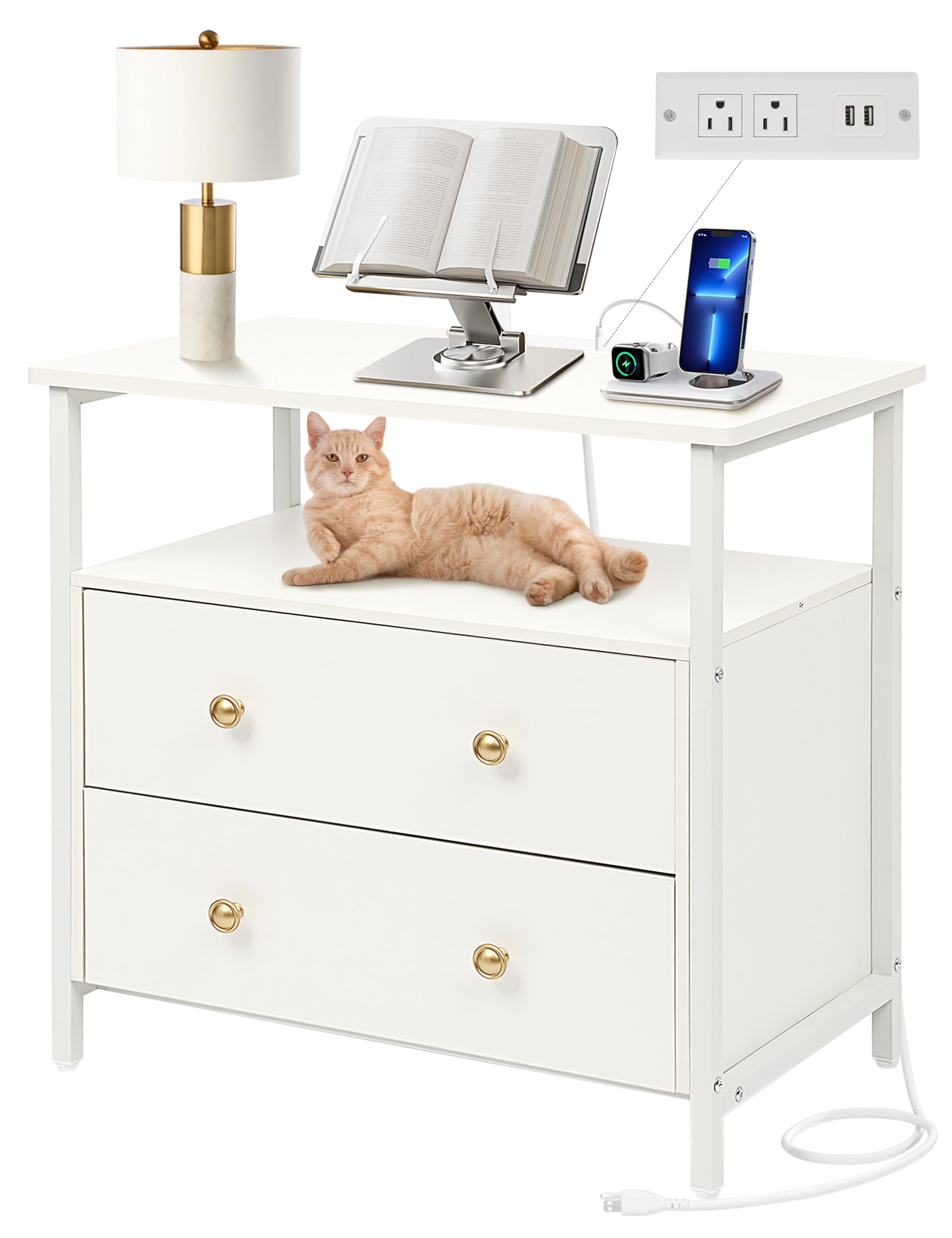 27 Inch Wide Nightstand with USB Charging Station - Modern Bedside Table with Open Shelf & 2 Drawers - Small Wood Dresser for Bedroom - White End Side Table for Home Decor & Phone Charging