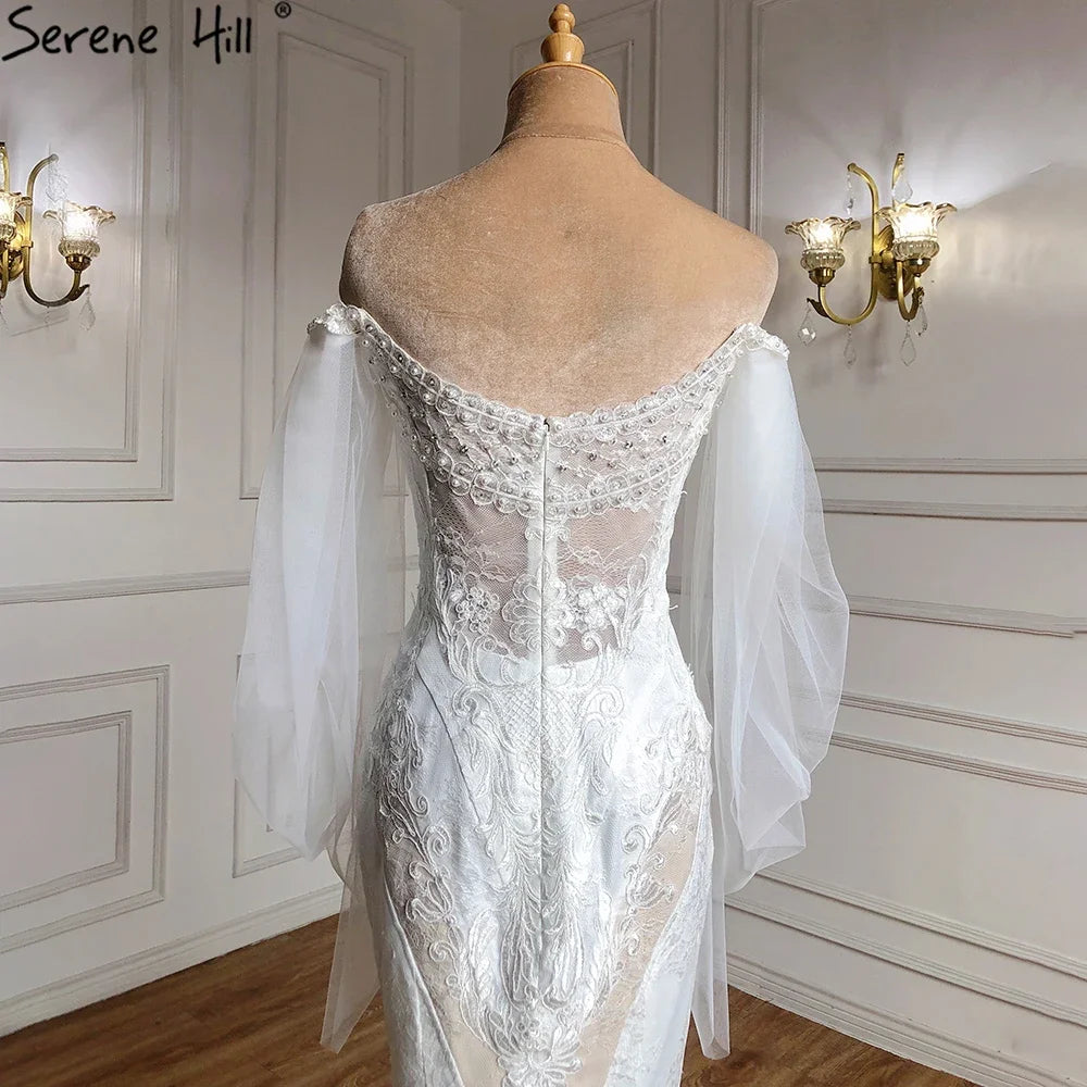 Elegant Off Shoulder Lantern Sleeves Wedding Dress with Crystal Lace - Custom Made Mermaid Bridal Gown for Dubai Weddings & Formal Events | Serene Hill HA2402