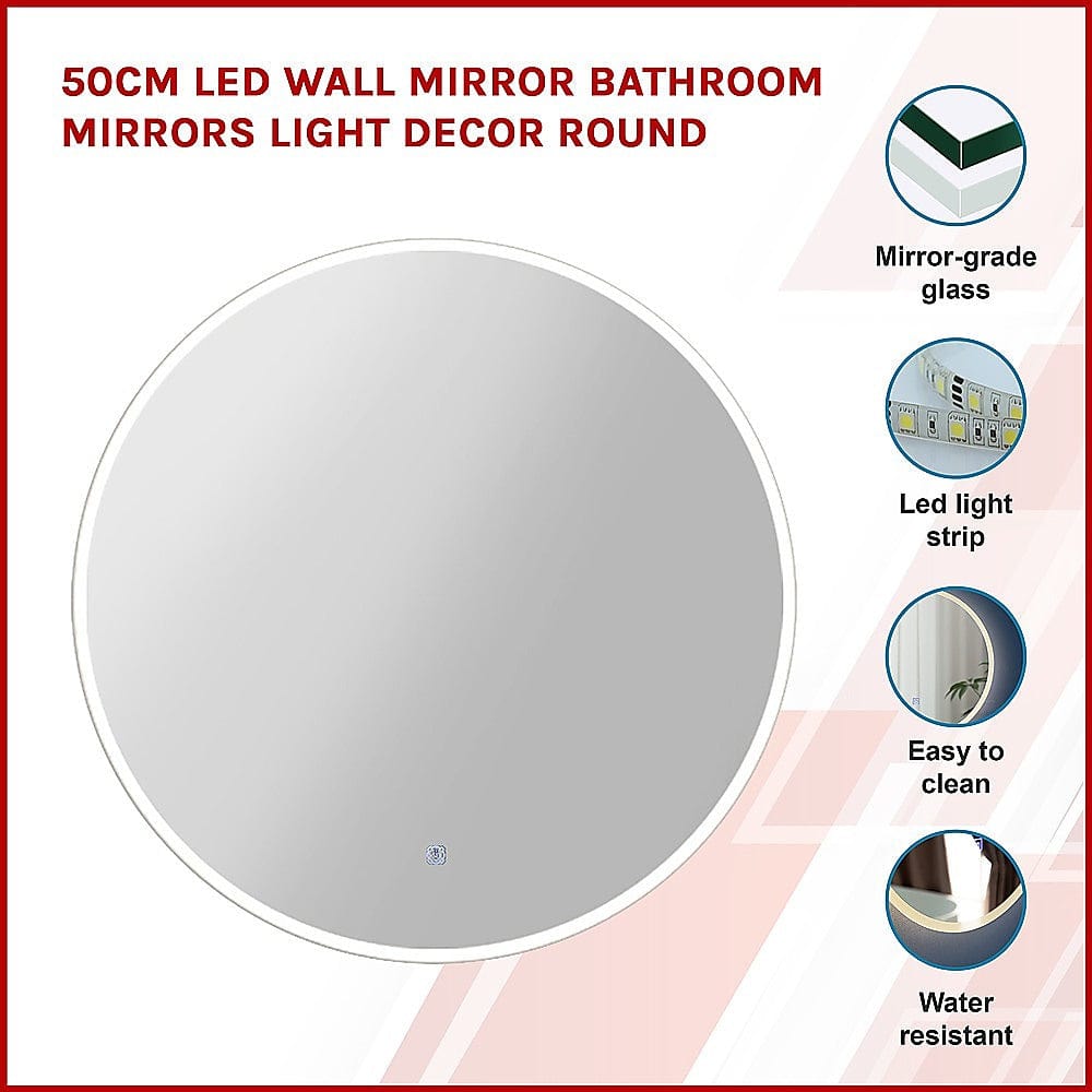 50cm Round LED Wall Mirror with Lights - Modern Bathroom Vanity Mirror for Makeup & Shaving, Dimmable Touch Sensor, Waterproof (Ideal for Home, Salon, Spa)
