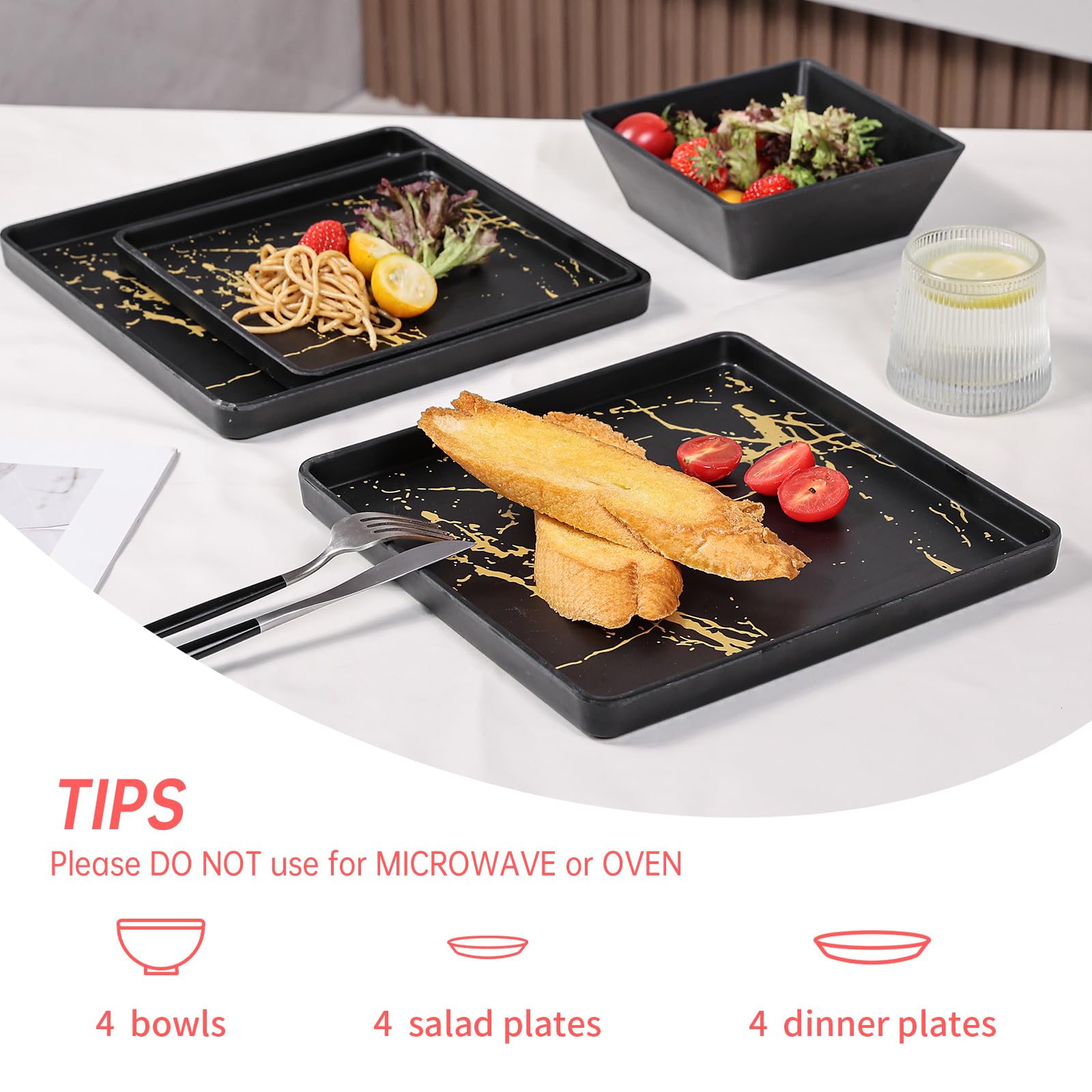 Premium 12-Piece Melamine Dinnerware Set - Square Plates & Bowls for 4, Durable & Dishwasher Safe, Elegant Black & Gold Design for Indoor/Outdoor Dining, Parties, and Picnics