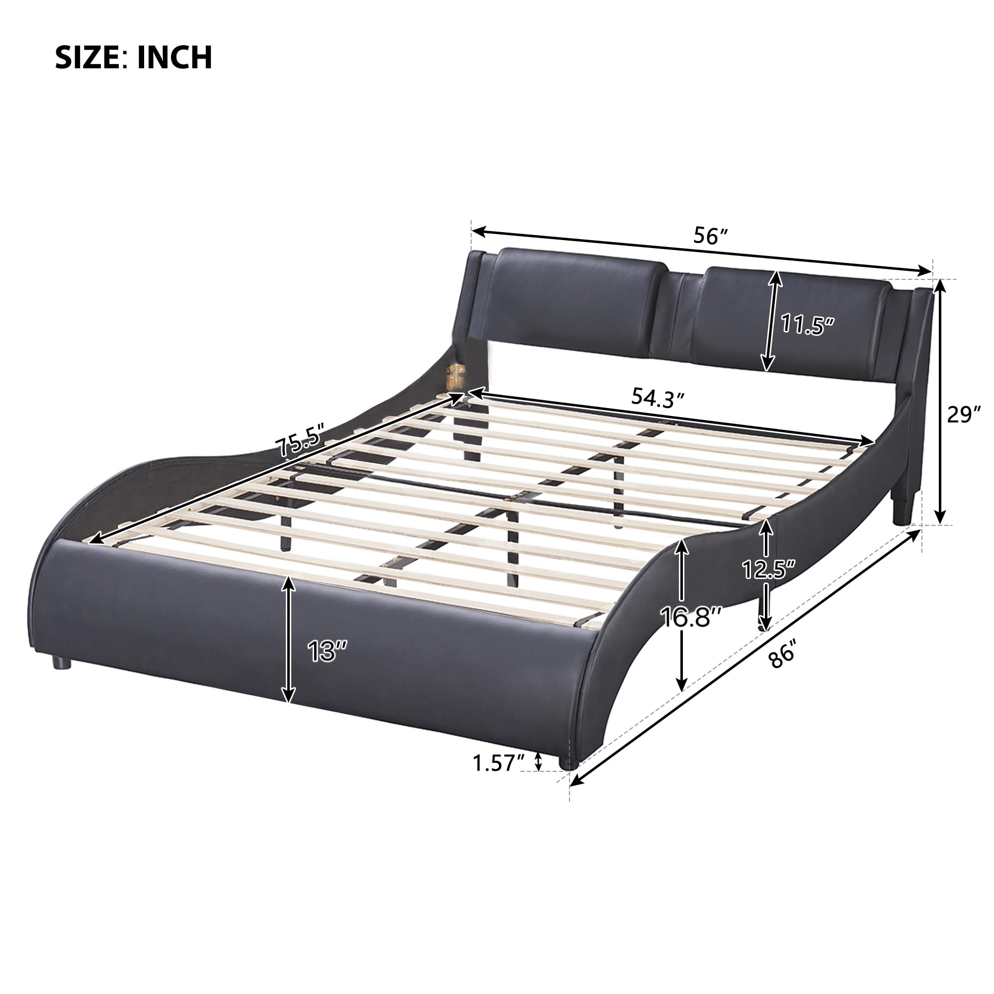 P PURLOVE Full Size Upholstered Faux Leather Platform Bed Frame with LED Lights & Slatted Support - No Box Spring Needed, Modern Bedroom Furniture for Small Spaces (Black) - Perfect for Contemporary Apartments, Dorm Rooms & Guest Bedrooms