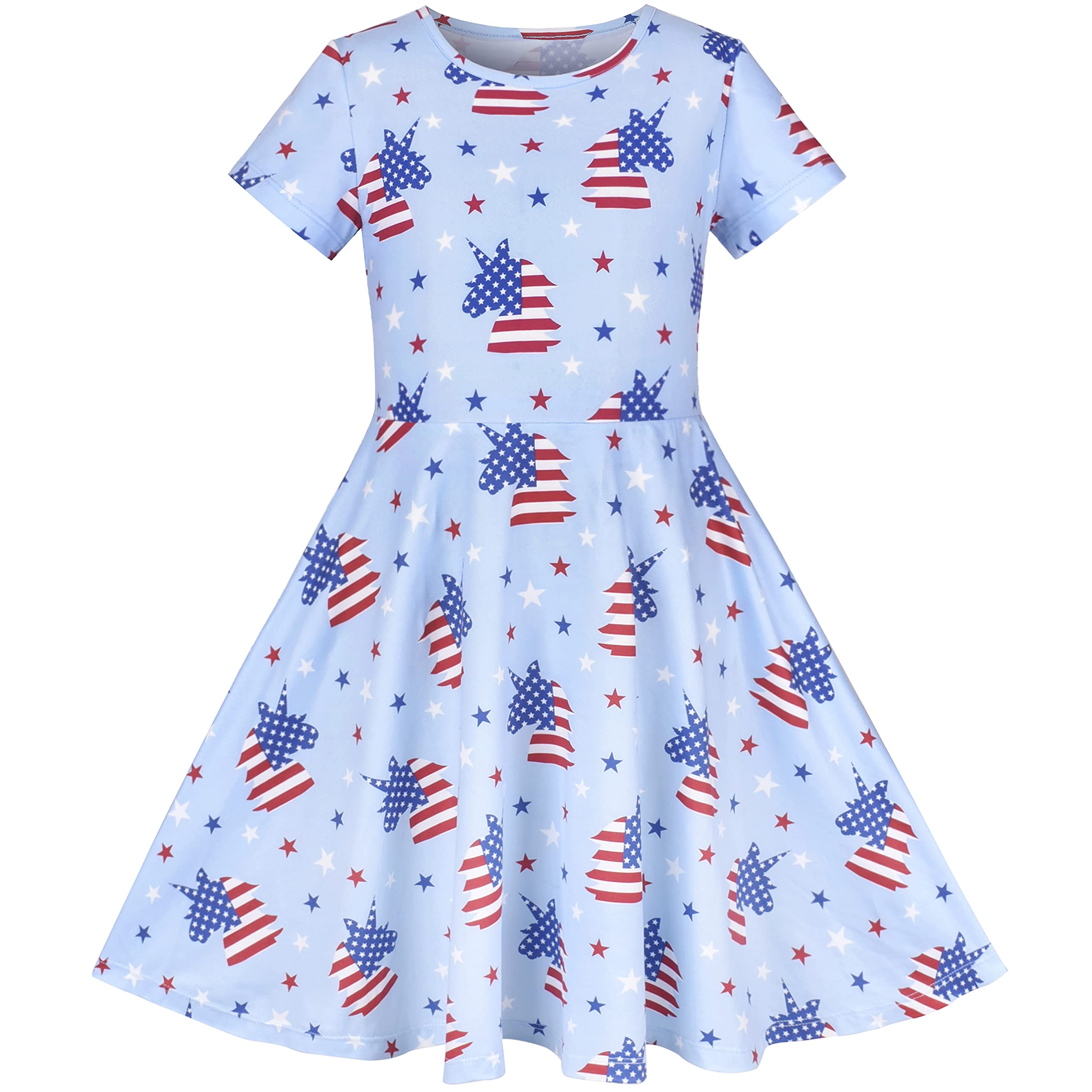 Sunny Fashion Girls Unicorn Print Blue Short Sleeve Casual Dress Size 5-10 - Perfect for Birthday Parties, School Events & Summer Playdates
