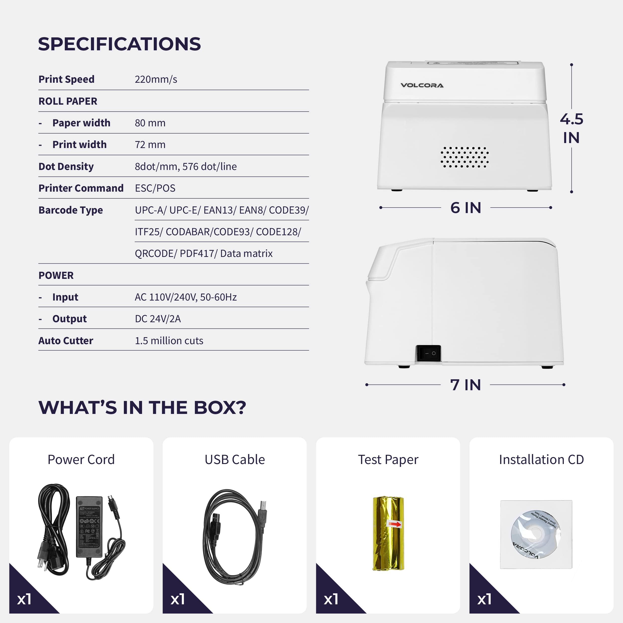 Volcora 80mm Thermal Receipt Printer with Auto Cutter - USB/Bluetooth POS Printer for Windows/MAC/Linux - ESC/POS Command Support & Cash Drawer - High-Speed Kitchen Printer for Restaurants, Retail Stores & Offices - Wall Mountable White POS System